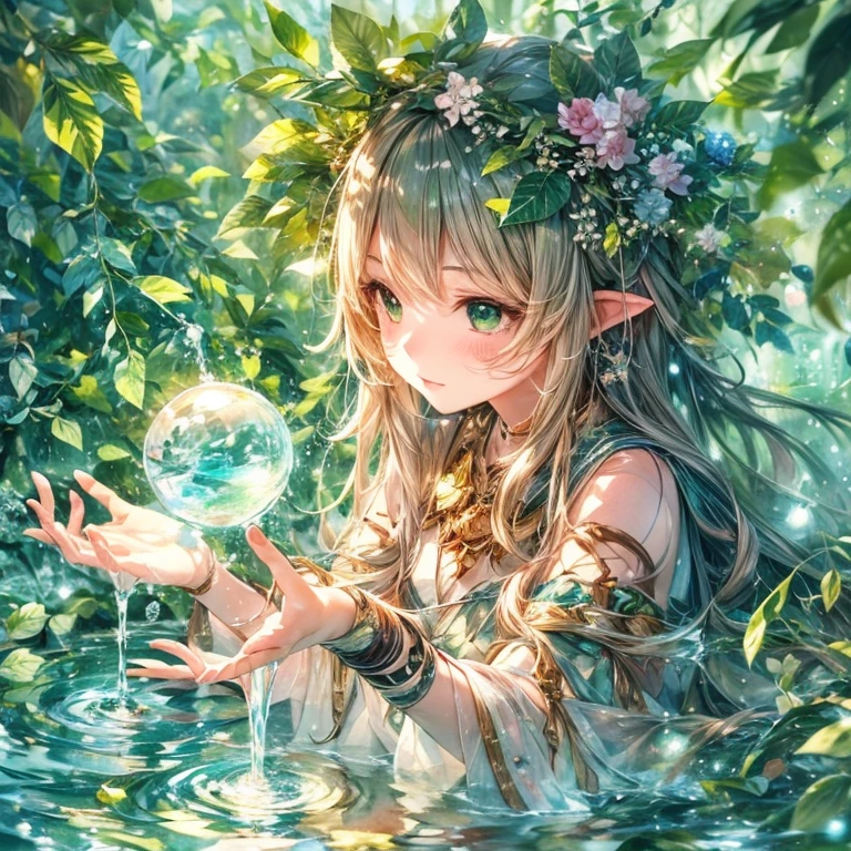 artistic watercolor painting with 2d photorealistic fantasy, waifu cute anime, dryad girl manipulating clear water ripple, reflecting dazzling atmosphere, green leaves in purifying spiritual journey 