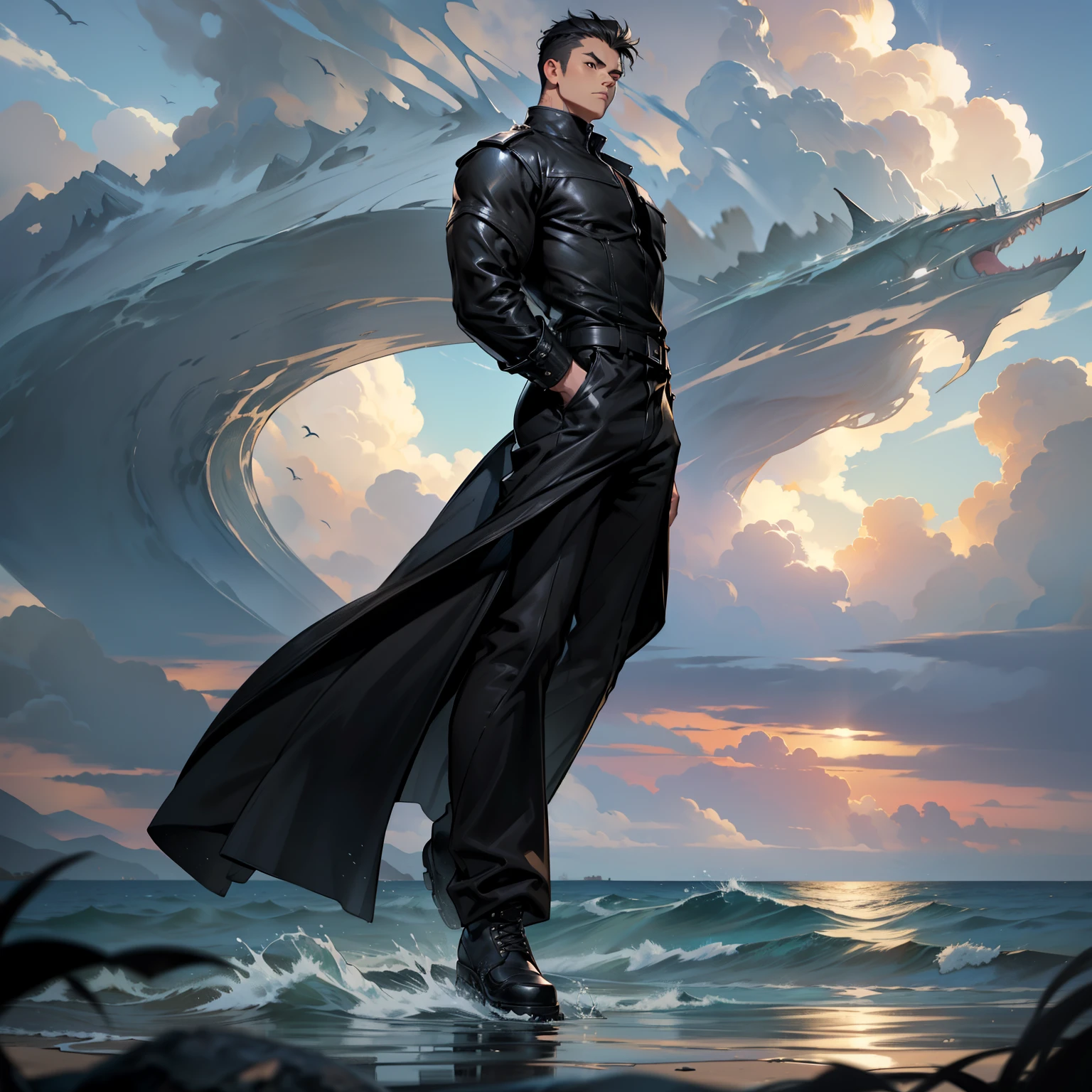 boys 26 Years old, juvenile, Serious face, brown eyes, black hair, brown eyes, ((muscular)), hands behinds back, wearing ((black long high neck)), bootcut trousers, black highcut boots, levitated on water, ocean, blue sky, cloudy