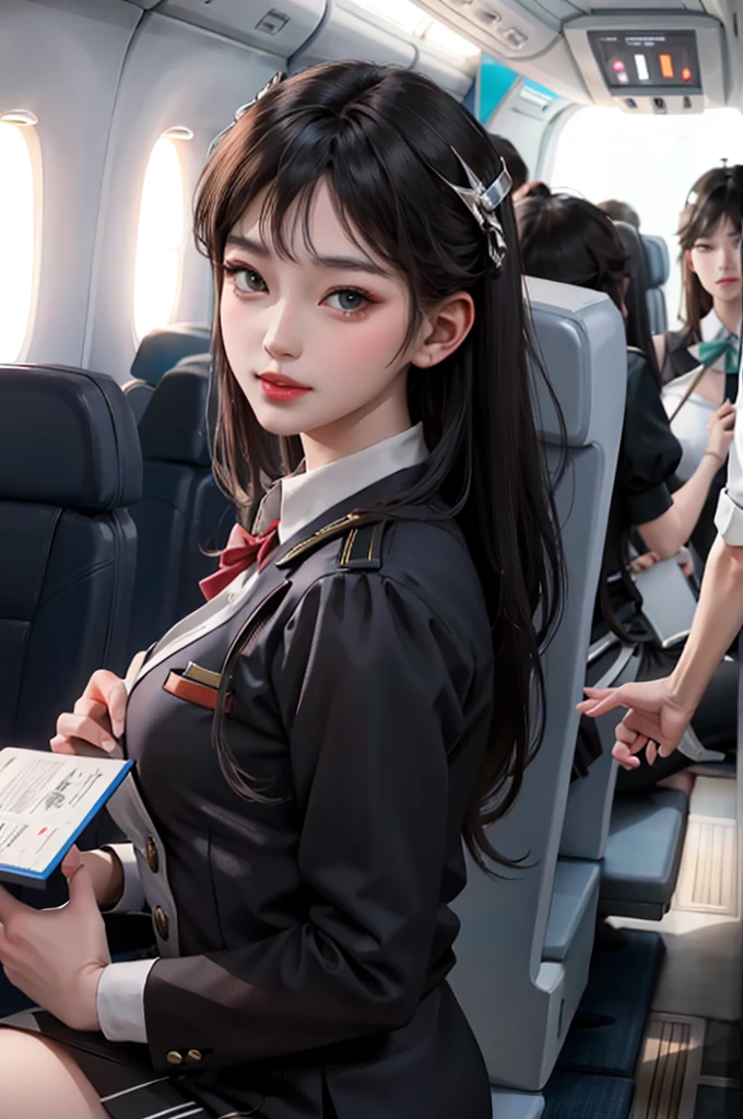 (masterpiece:1.2, best quality), 1girl, solo, Flight attendant, Uniform, Airplane, Service passengers, Providing safety instructions, Responding emergency, bangs, (shiny skin:1.15),