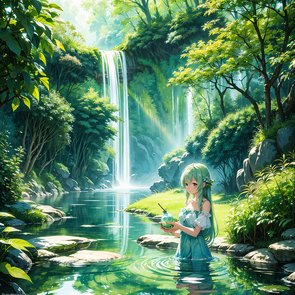 artistic watercolor painting with 2d photorealistic fantasy, waifu cute anime, dryad girl manipulating clear water ripple, reflecting dazzling atmosphere, green leaves in purifying spiritual journey
