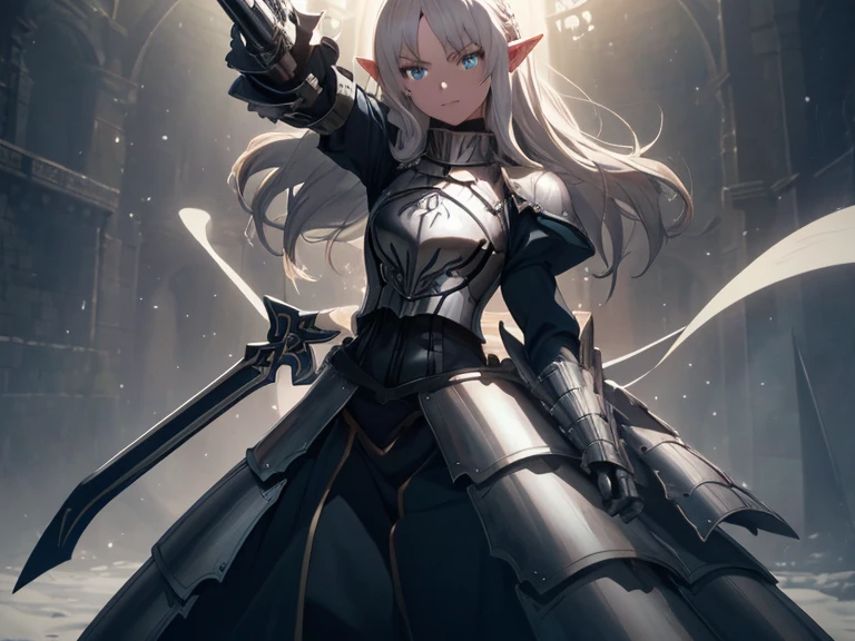 (extremely detailed), (high resolution), (8K), (extremely detailed), (((Half Body Shot))), Beautiful, (Woman Elf), elf woman knight, light grey skin mutation, long silver hair, "solid colored black eyes mutation", black loose pants, soft smile, knee high leather boots, in a demonic breastplate armor on torso, with bandolier of dagger across torso, holding a black and silver longsword, fighting pose, full body, fantasy,