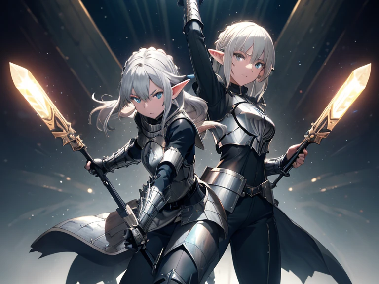 (extremely detailed), (high resolution), (8K), (extremely detailed), (((Half Body Shot))), Beautiful, (Woman Elf), elf woman knight, light grey skin mutation, long silver hair, "solid colored black eyes mutation", black loose pants, soft smile, knee high leather boots, in a demonic breastplate armor on torso, with bandolier of dagger across torso, holding a black and silver longsword, fighting pose, full body, fantasy,