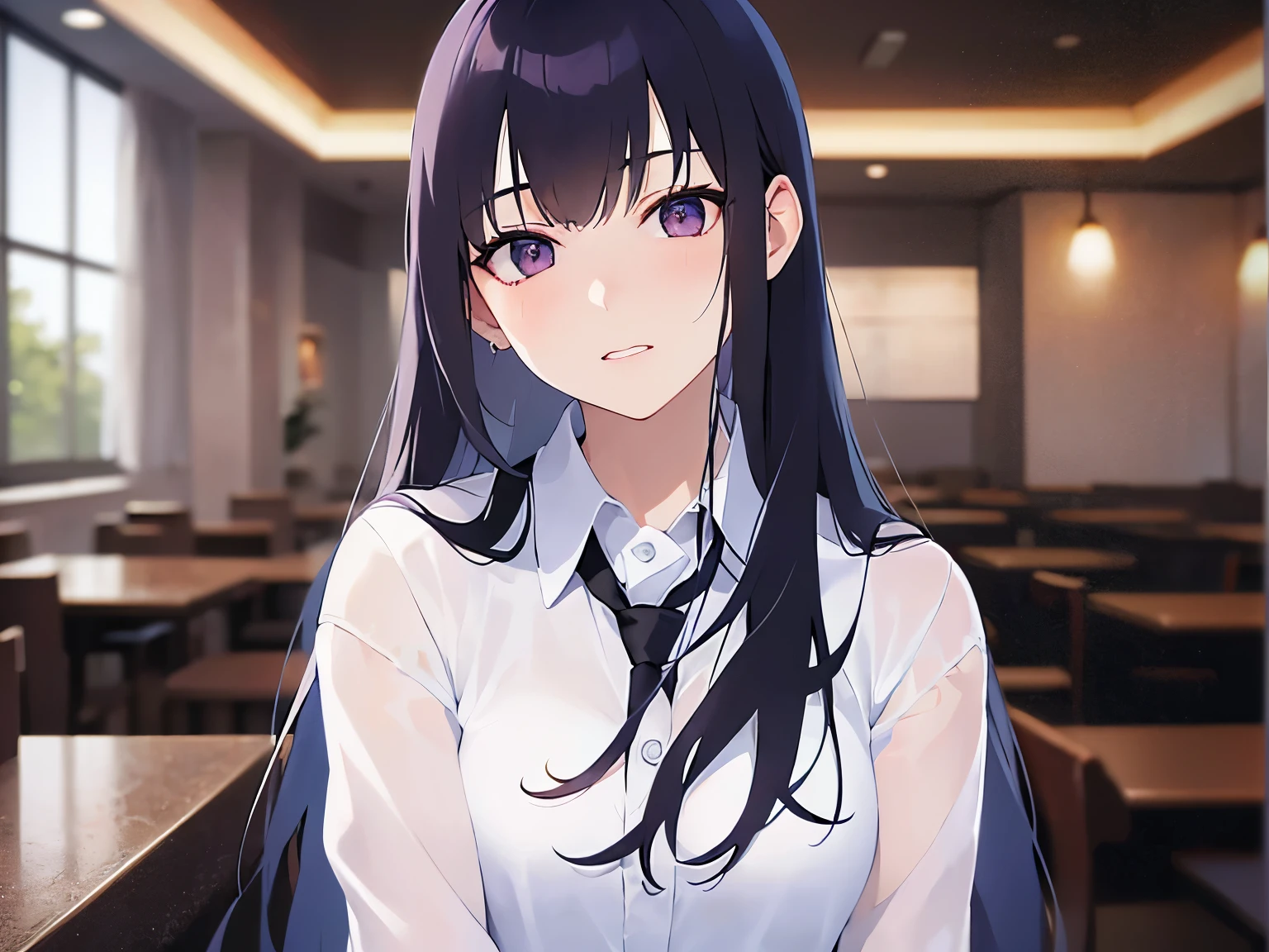Upper Body, Realistic, real person, (pale skin: 1.2), RAW photo, photorealistic, portrait photography, shiny skin, shiny hair、(A 25-year-old woman with straight hair and bangs) and (medium hair) and (black hair) and (purple eyes) , (white collared shirt:1.5) 、(embarrassed, blush:1.3), The background is the interior of a restaurant at night.、Alone、Sitting