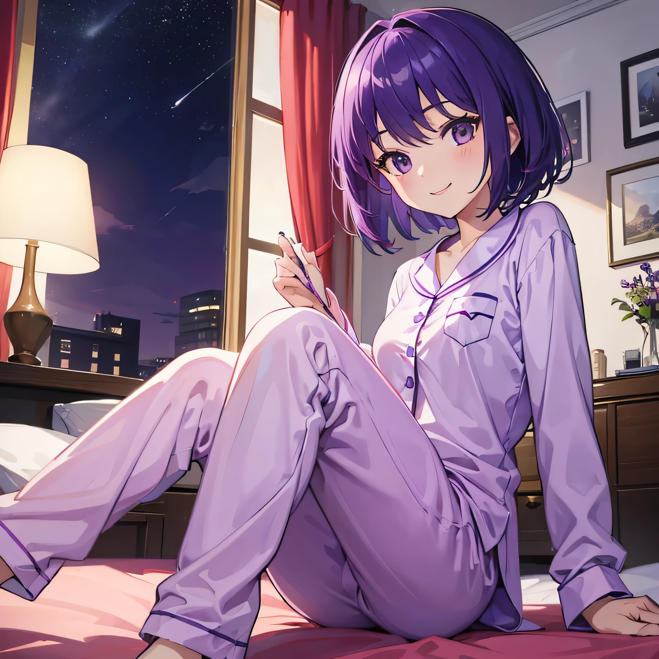 (T Masterpiece，4k wallpaper，Best Quality))、((girl１people))、(solo)、Bright and Brilliant，(Purple Hair)、(Shortcuts:1.3)、smile、Bedroom、pajamas、night