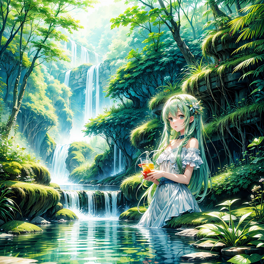 artistic watercolor painting with 2d photorealistic fantasy, waifu cute anime, dryad girl manipulating clear water ripple, reflecting dazzling atmosphere, green leaves in purifying spiritual journey