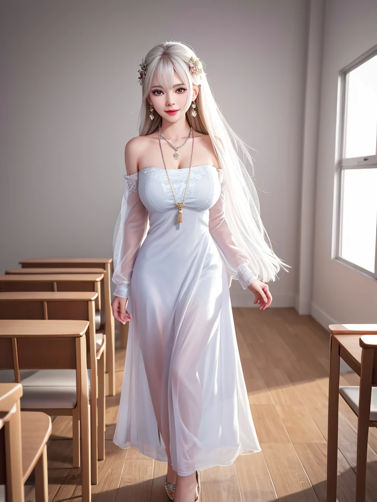 Female teacher standing in the classroom v6, necklace, earrings, full body v6, long white hair, translucent clothes, visible, superb, ultra-high-definition, RAW photo, realism: 1.25), (bright lip gloss, long eyelashes, smooth face, light skin, natural shadows, wide light, wide light, depth of field, strong colors, subtle caustics: 0.8), smile, (big tits), v6