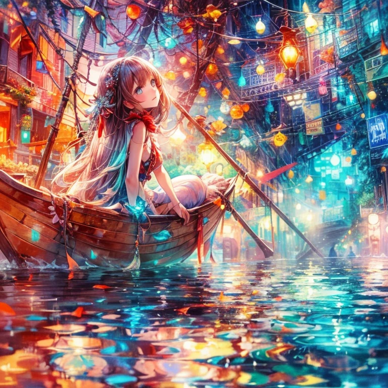 avantgarde watercolor painting with 2d colorful fantasy, waifu cute anime, ethnic girl leaning on boat on clear water ripple, reflecting dazzling atmosphere, swoon in relaxed holiday