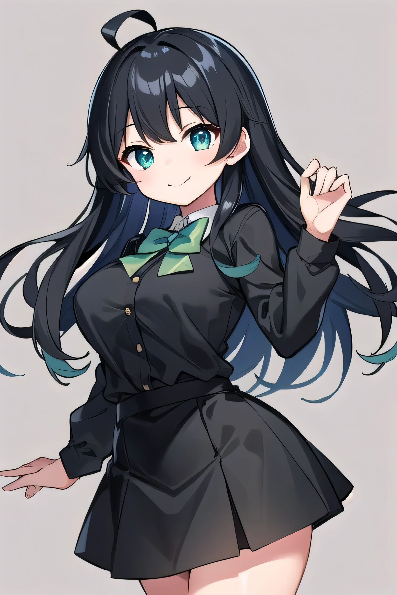  high schoolooks like an elementary school st short, 140 cm tall, black slight green tinge, short ahoge, beautiful long hair but with a little hair sticking out, beautiful round eyes, blue eyes, smile, boyish, long sleeves, Thick clothes, skirt, big breasts, hair longer than waist, long hair, childish face, gentle smile, a little shy, black skirt, black hair with a slight green tinge, boyish, gentle smile, jacket one size larger, ( Deep greenish black hair: 1.3)