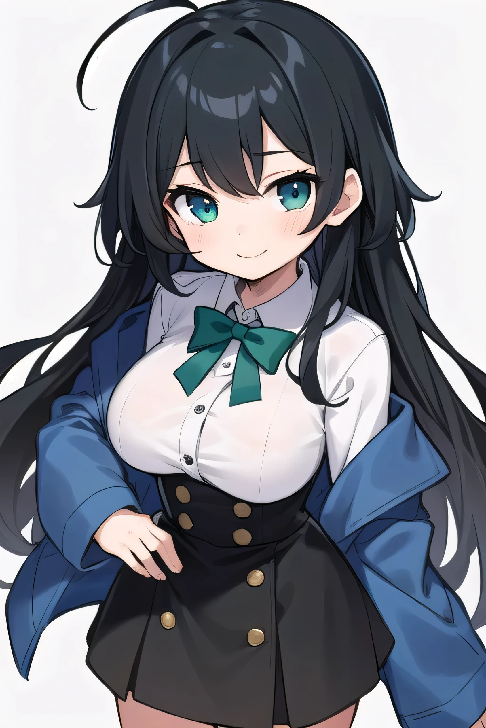 Junior high school student who looks like an elementary school student, 14 years old, very short, 140 cm tall, black hair with a slight green tinge, short ahoge, beautiful long hair but with a little hair sticking out, beautiful round eyes, blue eyes, smile, boyish, long sleeves, Thick clothes, skirt, big breasts, hair longer than waist, long hair, childish face, gentle smile, a little shy, black skirt, black hair with a slight green tinge, boyish, gentle smile, jacket one size larger, ( Deep greenish black hair: 1.3)