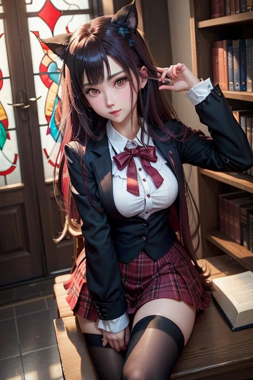 A sexy、Glamour、A slight smil、knee high socks、panthyhose、Beautie、Beautiful shape、wretched、boredom、Unusual beauty、Fornication、Good skin luster、Long hair straight hair、pinkhair、lovely、Kiss Face、seductiv、Strong sexual pleasure、open your legs a little、JK style、high-school uniform、Black Blazer、Red checked skirt、18year old、saddened、Unhappy、Transcendent beauty、slightly thicker thighs、small mouth、masturbation、Open your mouth wide to the maximum、Nasty look、Put your hand on your crotch、Goth Lo Remake、Neat face、Writhing expression、Maid Taste、A little eye-catching、The nose is neat、garterbelts、Smile a little、Library Background、book library、Boken、Find a book、read a book、Closed bookshelves、stained glass window、