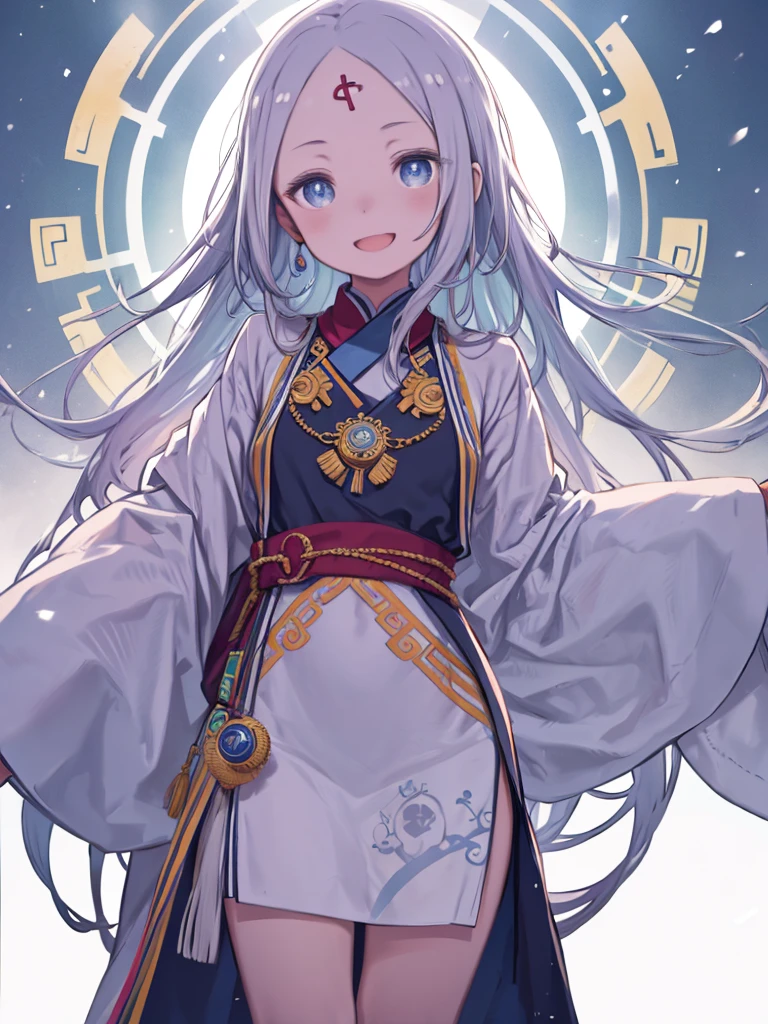 masterpiece、highest quality、High resolution、Very detailed、Medium wide shot、Girl、((Three Eyes、There are eyes on the forehead、Third Eye、Beautiful eyes))、Tibetan national costume、Snow Mountain、blue sky、laughing、