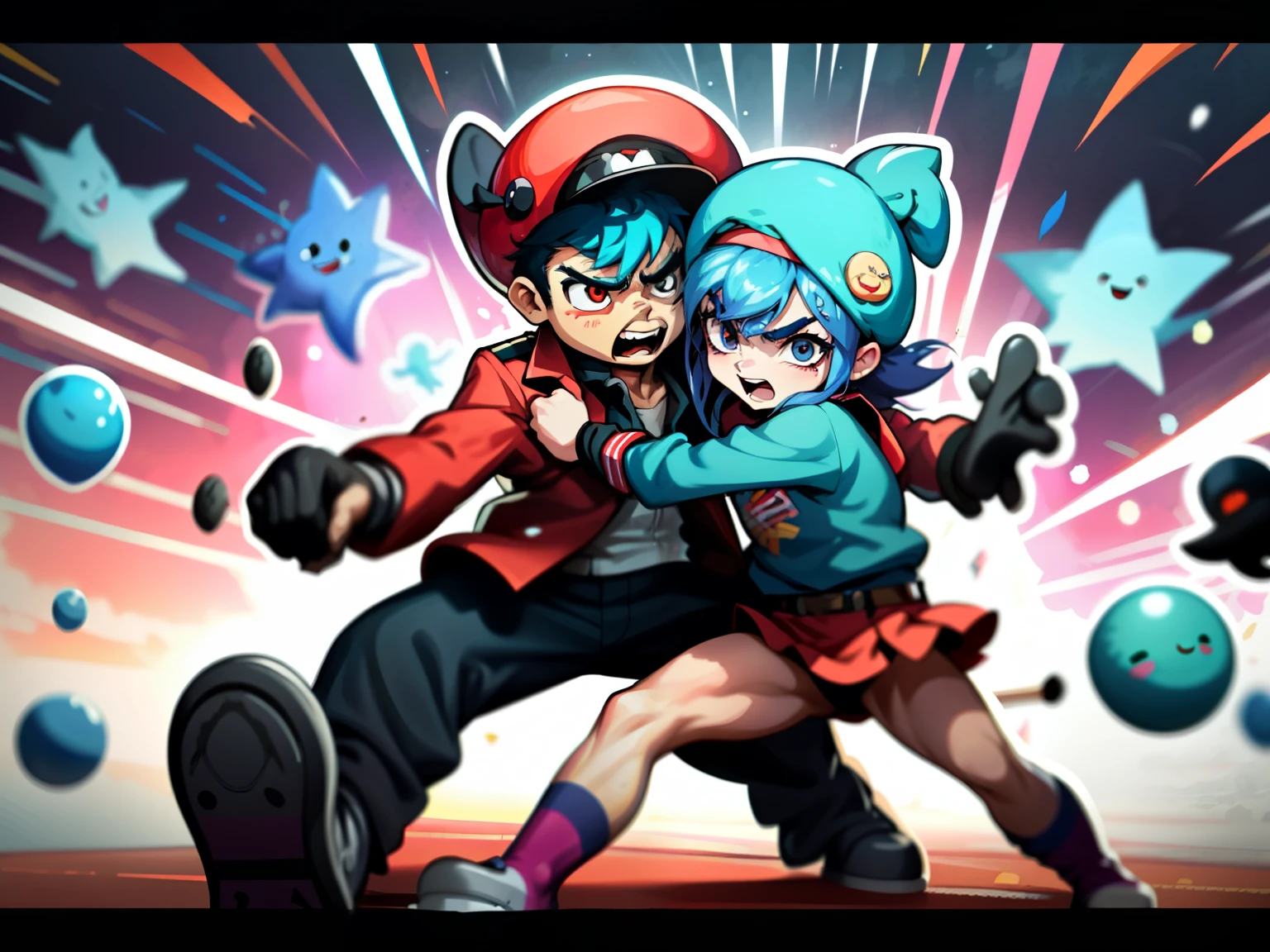 Anime-style Brawl Stars characters engaging in a vibrant brawl,
Colorful explosions and dynamic movements,
Two characters locked in combat,
 Determined faces and serious expressions,
One character with a bandshell head and a blue ruffle dress,
Another character with a baseball bat and a red cowboy hat,
Their Pokitka gunshots echoing in the background,
Feet sliding on the ground, desperate to gain ground,
Sweat dripping from their brows,
Cheering crowds and spectators watching from the sidelines,
A tense atmosphere,
Eyes focused, hands steady,
A thrilling and exciting scene unfolds in front of you.