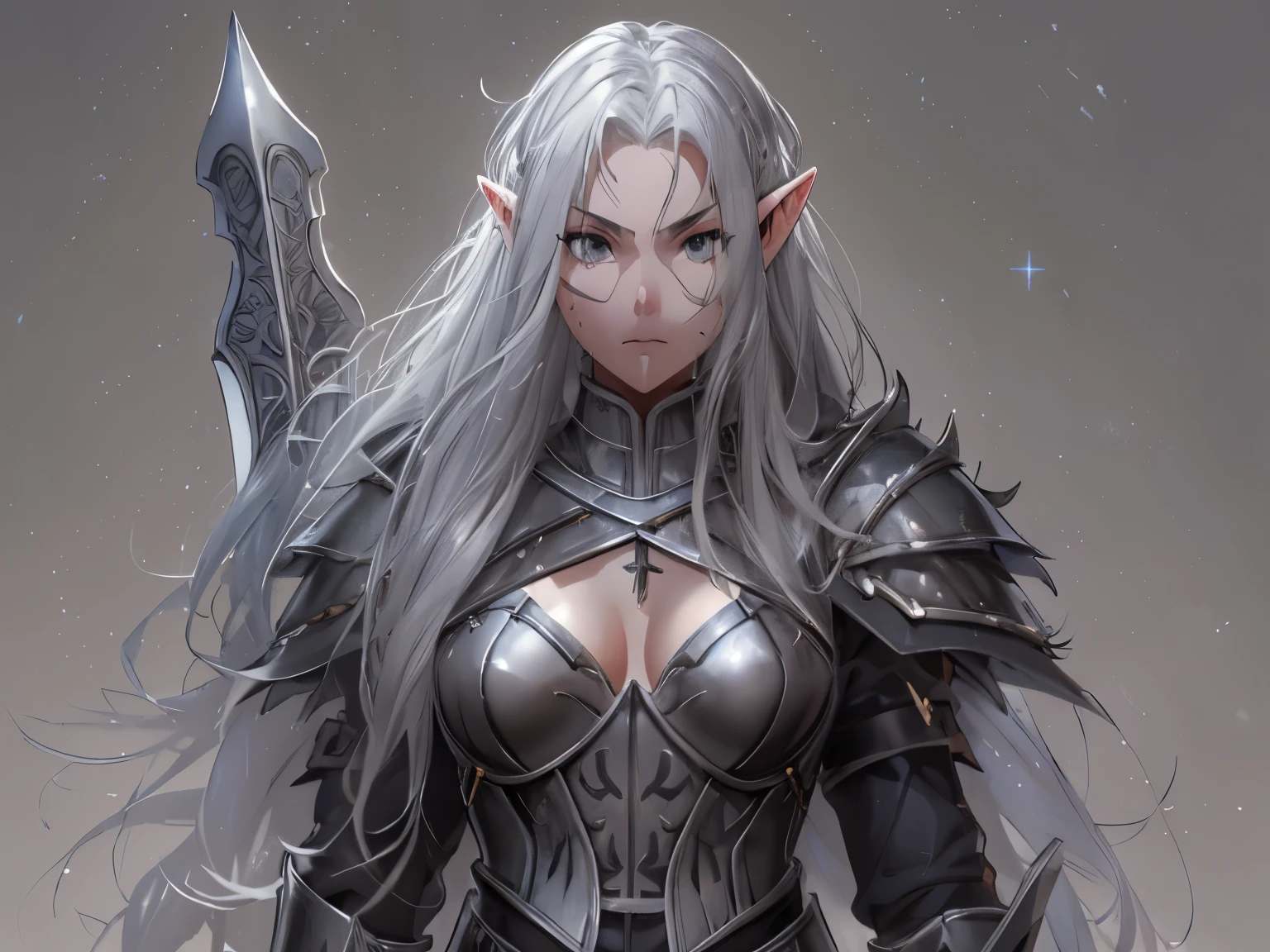 (extremely detailed), (high resolution), (8K), (extremely detailed), (((Half Body Shot))), Beautiful, (Woman Elf), elf woman knight, light grey skin mutation, long silver hair, "solid colored black eyes mutation", black loose pants, soft smile, knee high leather boots, in a demonic breastplate armor on torso, with bandolier of dagger across torso, holding a black and silver longsword, fighting pose, full body, fantasy,