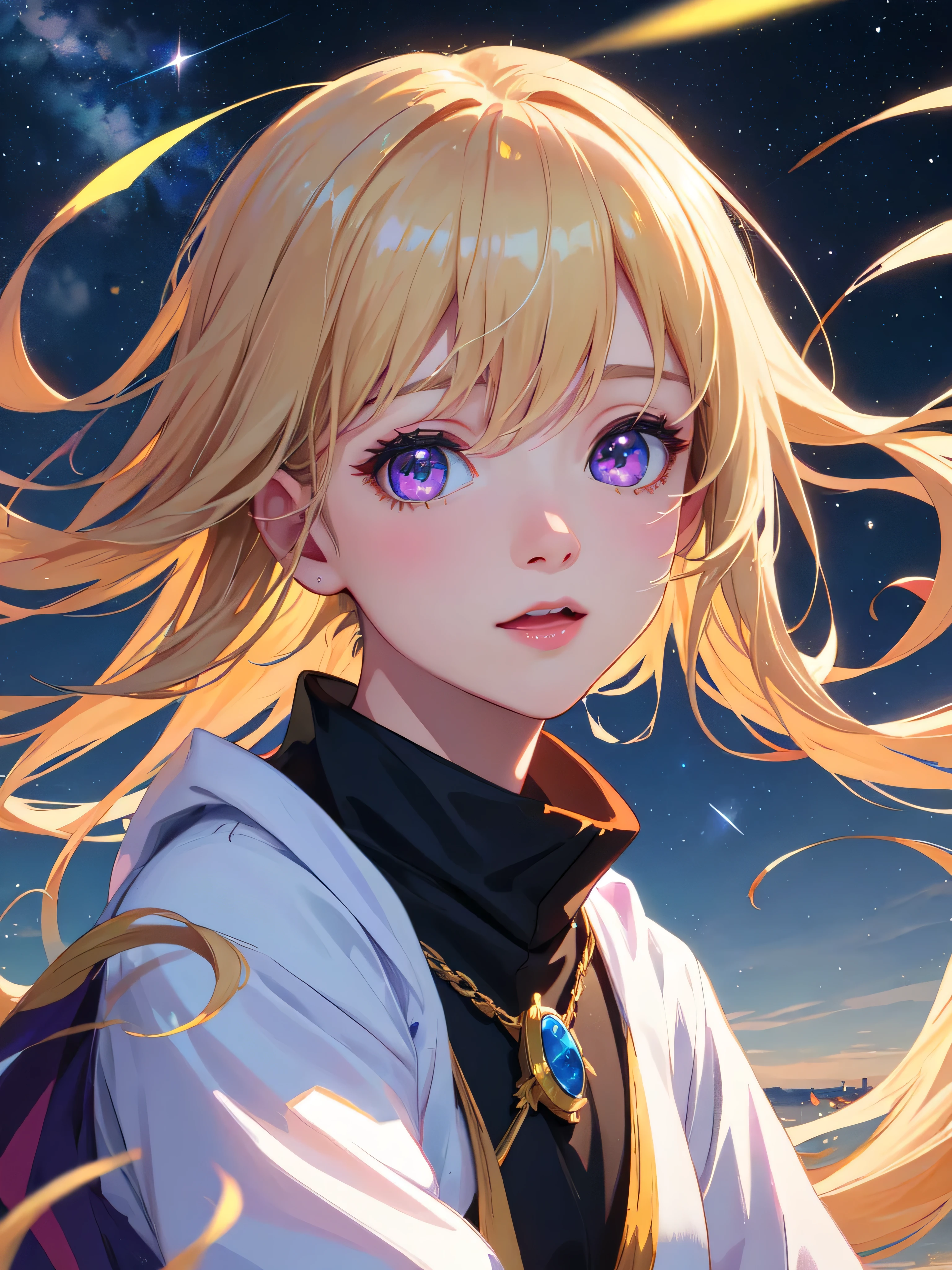 (highest quality,4K,8k,High resolution,masterpiece:1.2),Very detailed,(Realistic,photoRealistic,photo-Realistic:1.37),Anime Style,Portraiture:1.1,Colorful and vivid palette,A girl blowing bubbles under the stars,Purple eyes,Light blonde hair,Shine bubbles,Expression of joy,Breeze,Shine Star,Floating Clouds,Twinkling moonlight,Starry sky background,Soft pastel colors,Shine,Reflective surface,Happy atmosphere,Magical atmosphere
