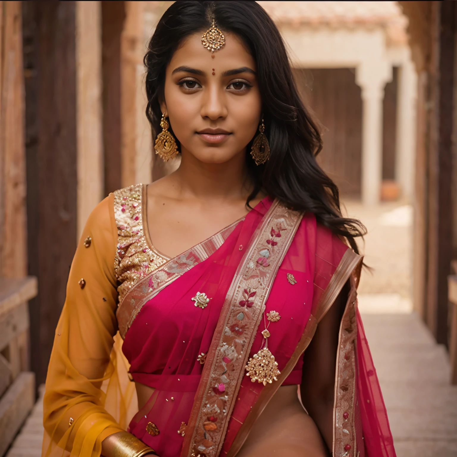 Weaeing a lahenga,shiting on bench , athlete body, brown eyes, black hairs, Indian skin tone, realistic skin texture,background  village