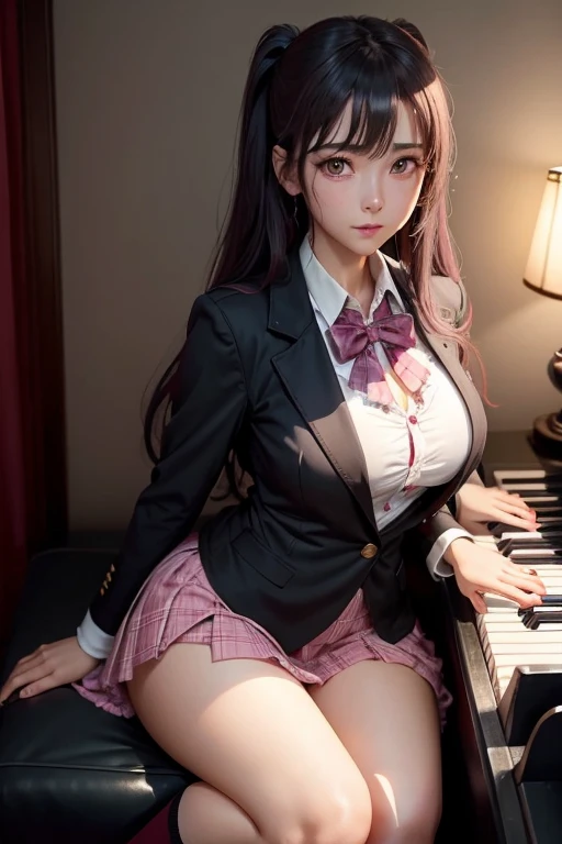 Blazer、High school girl uniform、Red checked skirt、JK style、jaket、A slight smil、garterbelts、knee high socks、thigh-high socks、panthyhose、Transcendent beauty、Transcendent Cute、boredom、Unusual beauty、twin-tail hair、Black Dark Eyeshadow、mourn、Good skin luster、Long hair straight hair、Dark Gothic Makeup、Dark smile、Fragrant beauty、Stained glass background、masutepiece、Best Quality、Refers to 5 books、Sweat glitters on my chest、Glitter of sweat on your face、A large amount of sweat shines on your thighs、Sweating profusely、black frilly panties、Breast size is normal size、dark pink hair、Age 22 years old、Sweat is sticky on my thighs、thighs are a little thicker、A lot of sweat and stickiness on the thighs、Sticky shiny thighs、Sweat shining generously on the thighs、Breast size is medium、slightly slender、profuse sweat all over the body、 Blazer、Playing the piano、sit and play an instrument、Piano available、Mysterious look、Expression of melancholy、pinkhair、mysterious gothic church、enchanting castle、