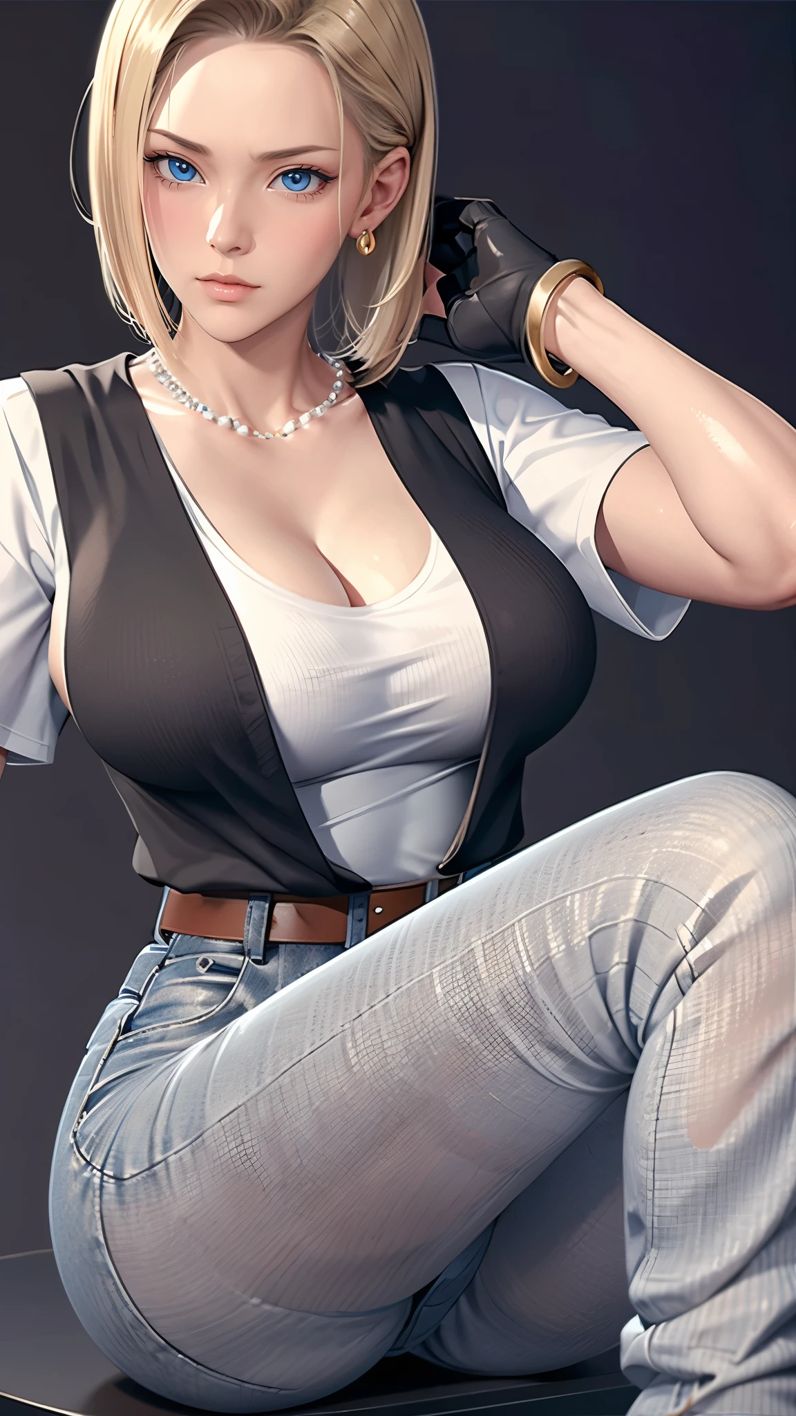 （（（完美figure，figure，solo， （（（belt, jeans, pearl_necklace, bracelet, black gloves, white shirt,short sleeves, earrings, blue pants, open vest, black vest,））），（（（and18, android 18, blonde hair, blue eyes, short hair, ））），((masterpiece)),high resolution, ((Best quality at best))，masterpiece，quality，Best quality，（（（ Exquisite facial features，Looking at the audience,There is light in the eyes，(（（angry，serious））)，））），型figure:1.7））），（（（Light and shadow，Huge breasts））），（（（Looking at the camera，black background，）））