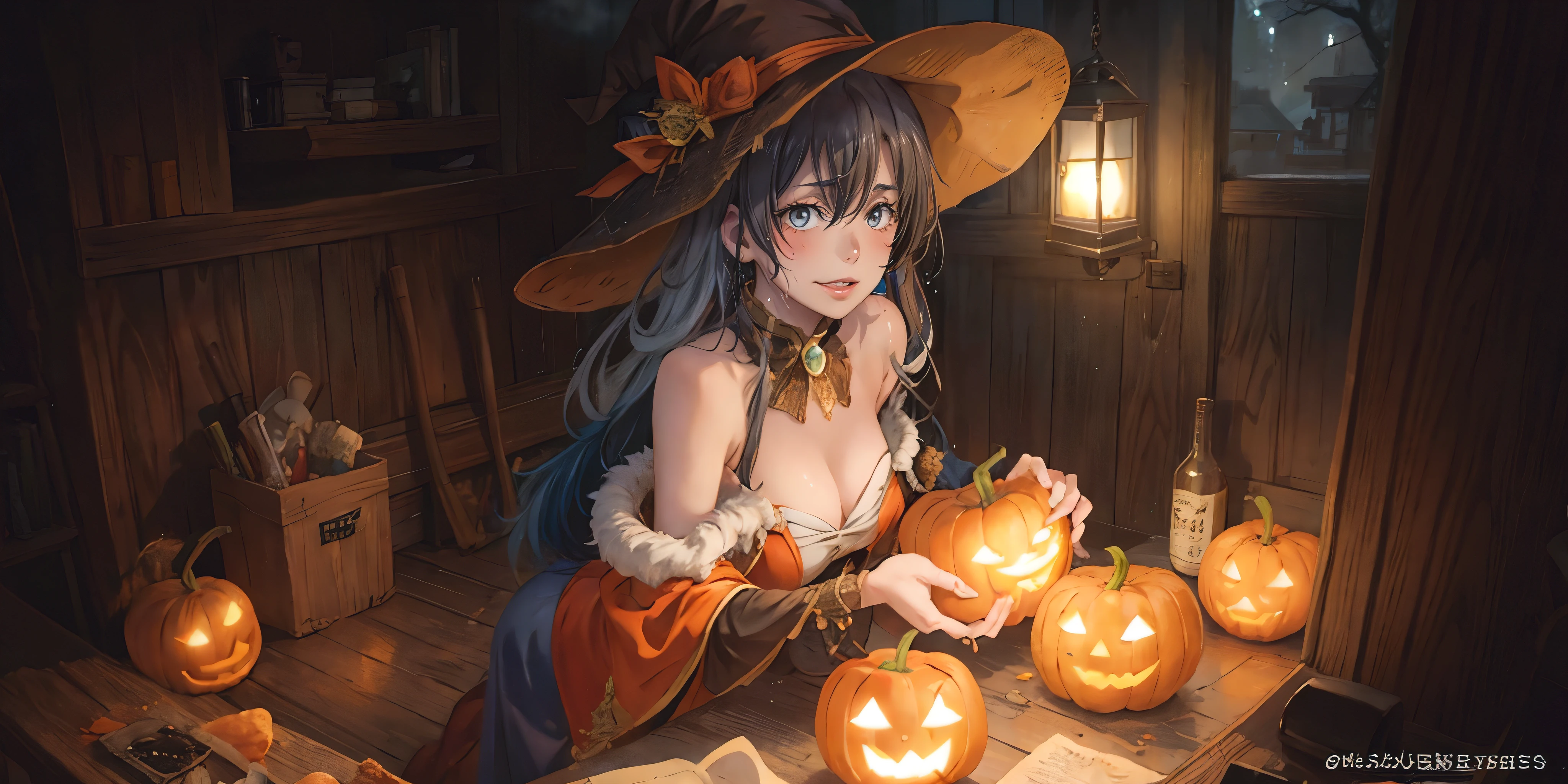 yukinoshita yukino, black hair, long hair, hair flowing over, curvy, ((anatomically correct:1.3)), heavy breathing, huge breasts, epic art, fantasy, jack-o'-lantern, pumpkin, breasts, halloween, 1girl, witch_hat, detached_sleeves, solo, cleavage, large_breasts, bare_shoulders, lantern, looking_at_viewer, food, night, indoors, dress, fur_trim, window, holding, "long shot scenic professional photograph of {prompt}, perfect viewpoint, highly detailed, wide-angle lens, hyper realistic, with dramatic sky, polarizing filter, natural lighting, vivid colors, everything in sharp focus, HDR, UHD, K", anime coloring, anime screencap, steaming body, fog, heavy breathing, (shaded face:1.2), hollow eyes, facing viewer, smirk, upper teeth, grey eyes, blush, sweating, wet, looking at viewer, glowing eyes,