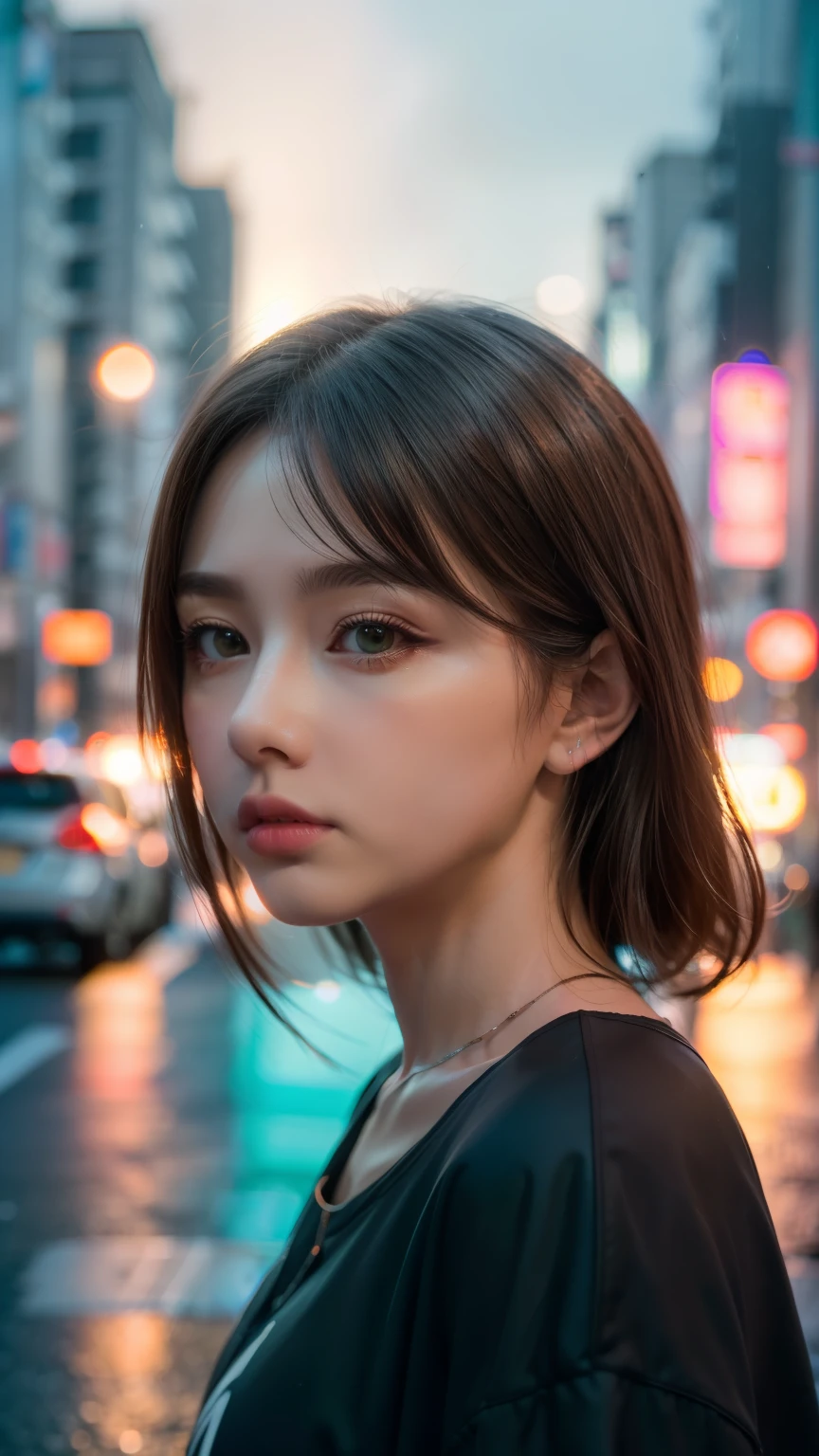 A woman standing on a busy street in Tokyo, Traffic jam on a rainy night, masterpiece, RAW Photos, Depth of written boundary, Bokeh, (Front light:1.2), (Backlight:0.75), (Fill Light:0.9), neon, chromatic aberration, (Lens flare:1.2), 8k, Genuine, green,(head shot:1.5)