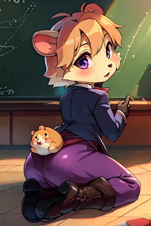 boy, hamster, furry, bodyfur, blazer, purple tights, gloves, boots, school, looking back, kneeling, fart