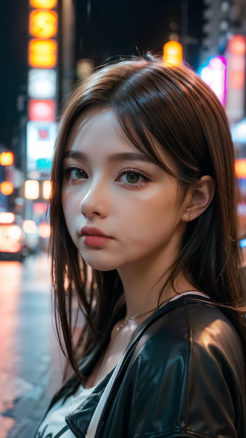 A woman standing on a busy street in Tokyo, Traffic jam on a rainy night, masterpiece, RAW Photos, Depth of written boundary, Bokeh, (Front light:1.2), (Backlight:0.75), (Fill Light:0.9), neon, chromatic aberration, (Lens flare:1.2), 8k, Genuine, green,(head shot:1.5)