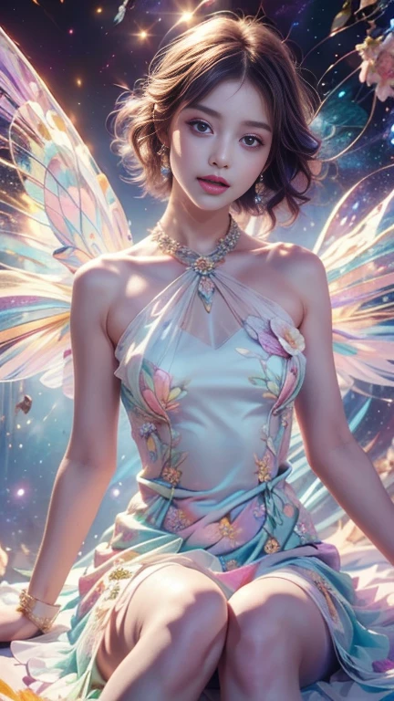 4k ultra high definition, masterpiece, A girl, good face, Delicate eyes, Delicate lips, Flower fairy girl, Big Wings, Transparent wings, Neon, (Galaxy Background:1.5), (Floral Dress:1.5), (green dress), in heaven, sitting,