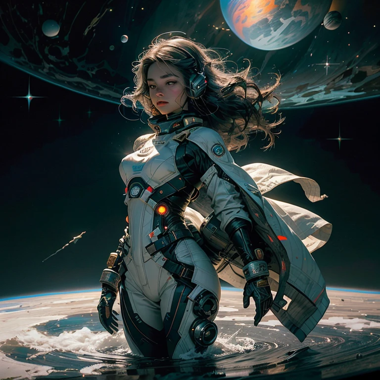 Envision a bold girl named Zara, venturing through the infinite expanse of space, her trusty headset, a state-of-the-art communication device, enhancing the thrill of her cosmic adventure. Her courage shines bright as she braves the unknown, captivated by the enchanting beauty and mystery of the cosmos at its finest.

She floats effortlessly in her bulky spacesuit, a radiant beacon against the dark backdrop of the universe, her hair floating gently in the weightlessness. Her expressive eyes, framed by delicate lashes, are fixed on the vast expanses around her, filled with wonder and excitement.

The meticulously craft
