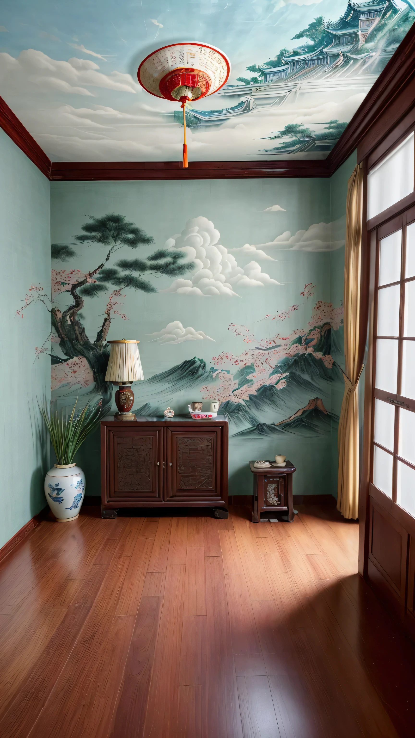 (Chinese style interior, , Realistic documentary photography, show history,)bedroom, front perspective, Detailed, Jun porcelain hand fan, parquet floor, Calm and elegant, Auspicious cloud mural,