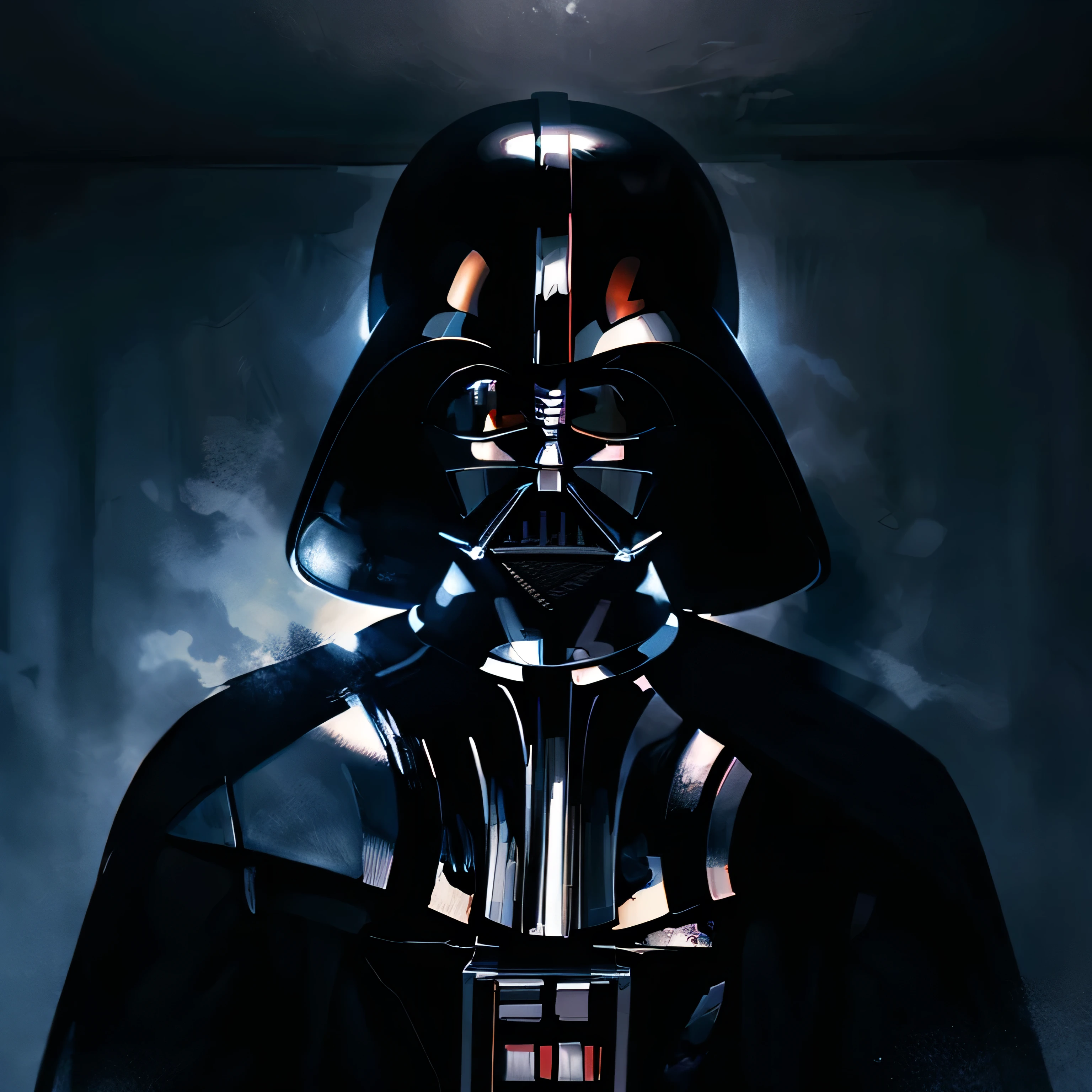 3/4 Frontal portrait shot of Darth Vader, low angle shot, 4k, high resolution, acrylic painting style, dark background, dark lighting