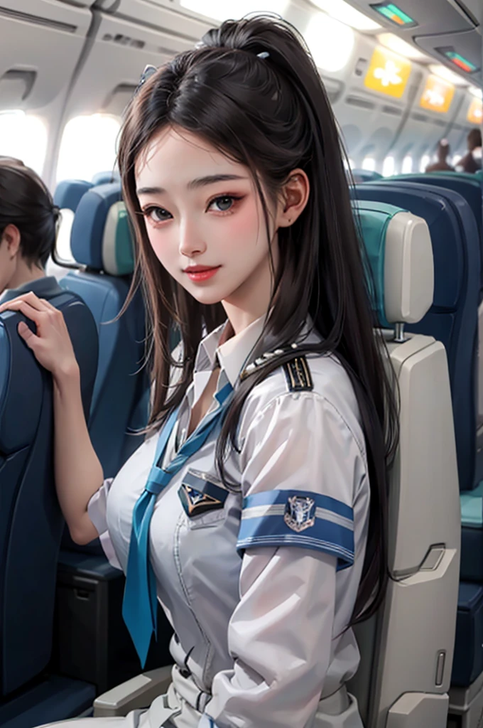 (masterpiece:1.2, best quality), 1 Girl, Solitary, Airline stewardess, , airplane, Serving passengers, Provide guidance, Responding to emergencies, Bangs, (Glowing skin:1.15),