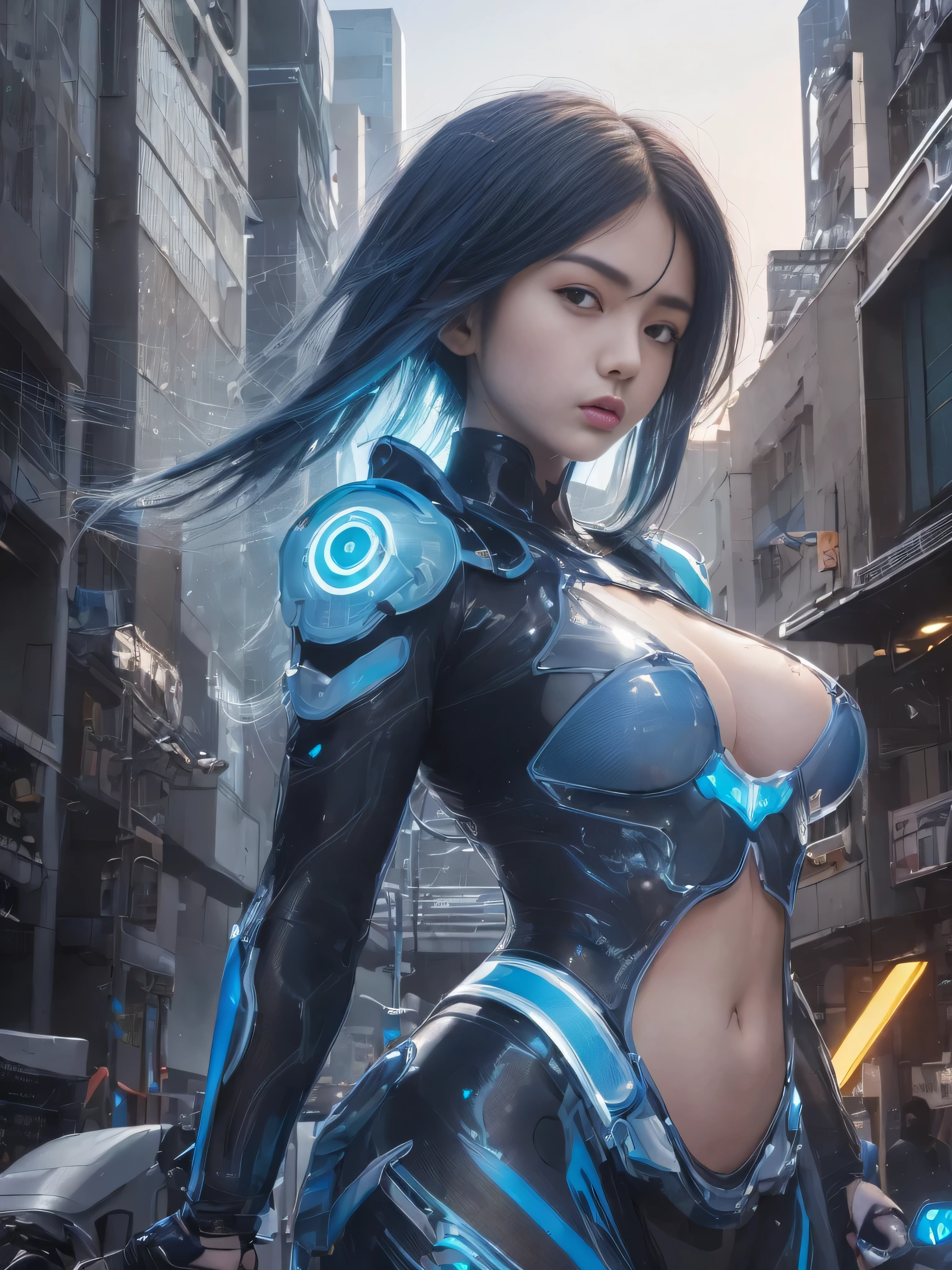 (RAW quality:1.4), One Girl, Japanese, , Textured skin, Long sky blue hair, Very detailed, Advanced Details, high quality, 最high quality, High resolution, 1080p, hard disk, beautiful,(Gundam),Beautiful cyborg woman,large body,((Wearing Futuristic Transparent Reinforced Plastic Machine Parts。:1.4)), Nipples covered with transparent mechanism, Mechanically protected front groin, Exposed lower abdomen, The bare skin of the large body is exposed., large body naked, Perfect Proportions, Great tit, (He carries a lot of weapons on his back..:1.4), (Hero Pose), Cowboy Shot, (Short-cut straight hair that looks beautiful in blue and white:1.4), folded building background, City in flames, (The blue LED on the bust top glows strongly:1.4), Biologically correct, pubic_hair,