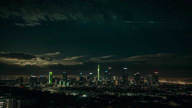 Green night sky with buildings of Sci-fi world