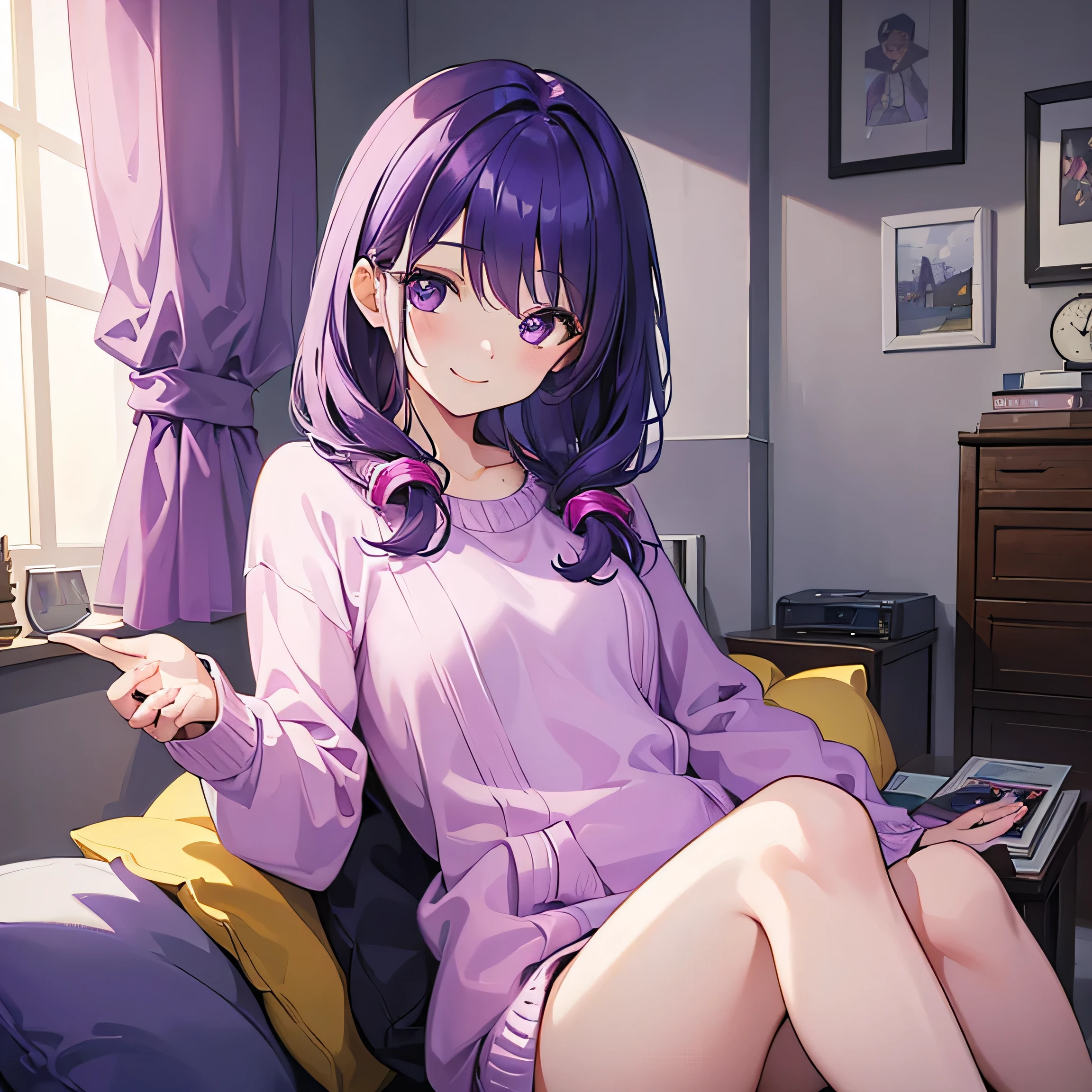 (T Masterpiece,4k wallpaper,Best Quality))、((girl1people))、(solo)、Bright and Brilliant,(Purple Hair)、(Shortcuts:1.3)、smile、Bedroom、sweater、morning