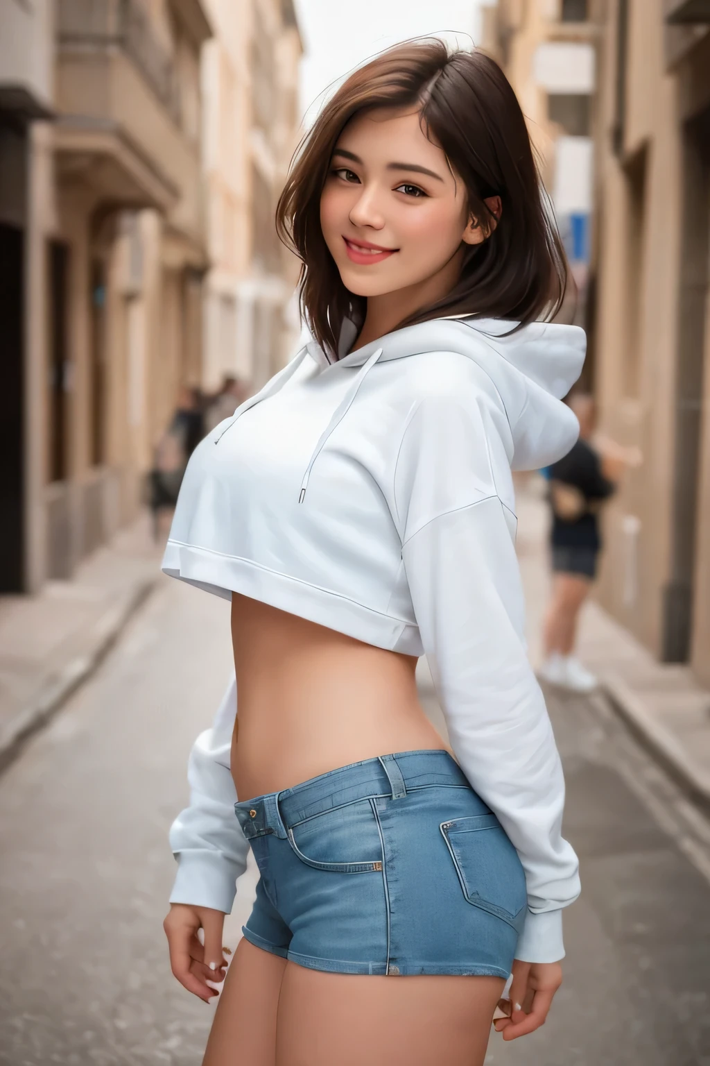 8K Ultra HD, DSLR, soft lighting, high quality, photorealistic, realism, hyperrealism, art photography, 1girl, 20 year old female, wearing a very short crop top hoodie and very short low rise booty shorts , a photo of a beautiful and fit figure, her butt hanging out from under the shorts, city street, tousled medium hair, thick body with flab, frontal view, cowboy shot, looking at the camera cute smile, shallow depth of field,