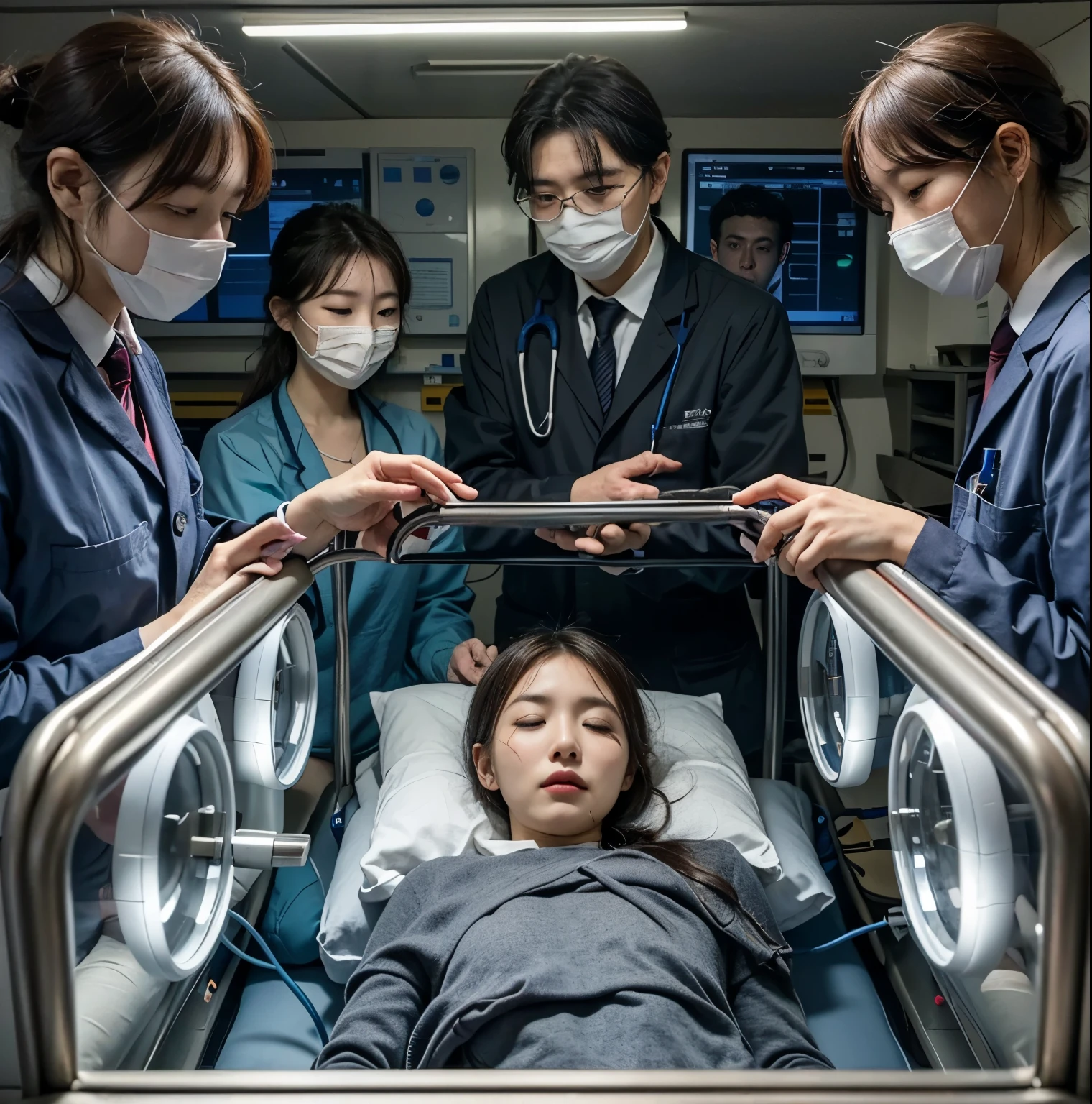 a beautiful Korean mother, lying weakly, eyes closed, with messy hair, looks dying, showing an expression of pain. there are several robot doctors guarding the treatment room. showing the whole body with hands containing the treatment tube. Full body. research laboratory room background.
