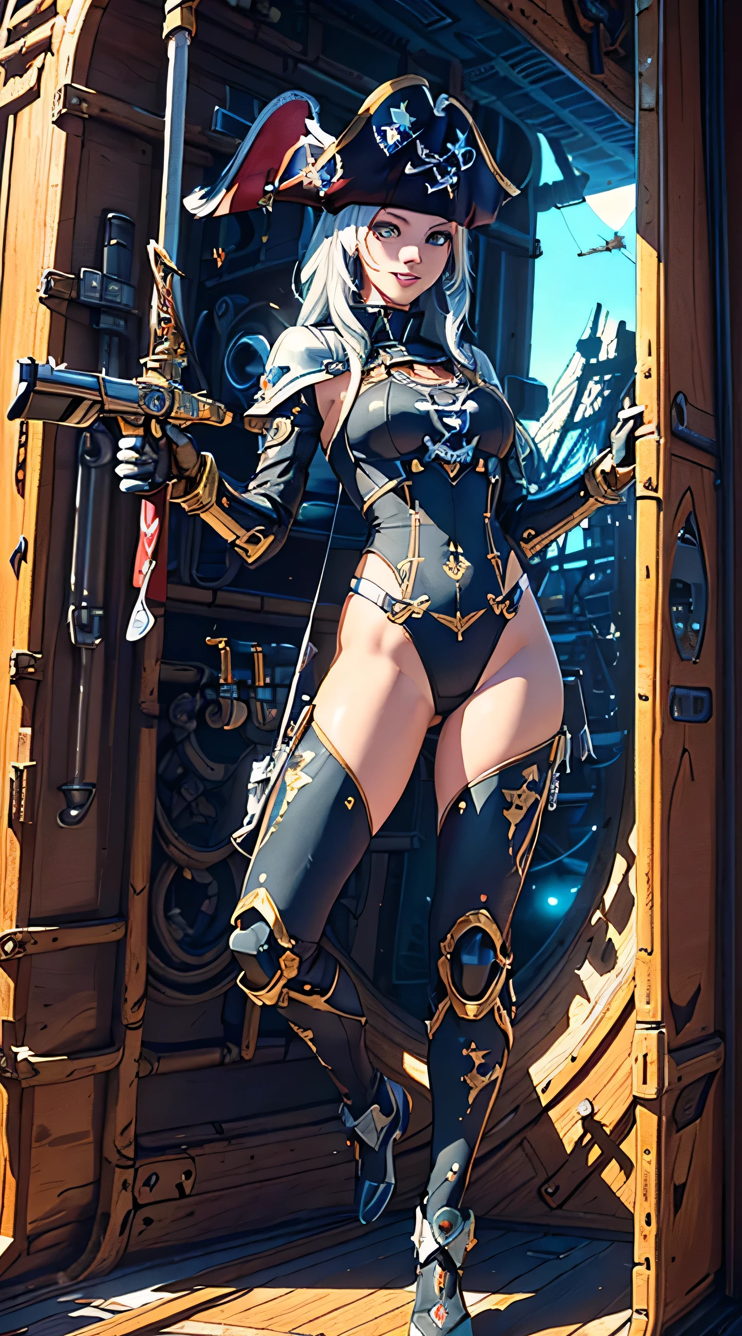 (masterpiece), (best quality), (super-detailed), (Ultra-high-definition, Sony a1 35 mm f/1.8 photographic full body shot of an ultra-finely-detailed, stunningly beautiful, futuristic female, space pirate), (she is wearing a pirate-themed mecha-suit) and (((brandishing a curved laser cutlass))) (((and a futuristic version of an 18th-century flintlock pistol))) ((her mecha-suit was black, gold, and silver)), (((it was very intricately designed, highly detailed armor))), with (((a jolly roger emblem emblazoned on the tricorn hat she wore))), (evil female buccaneer:1.2), (super-detailed, dazzling eyes and a smile with brilliantly white, perfect teeth))), ((evil smile)), (((fashion model looks and features))) and (((heavy pirate stylized boots on her feet))), (perfect body), ((natural beauty)), (((in dynamic  poses:1.3)), (((while holding her flintlock pistol and cutlass up and ready for use:1.51))), (((she is standing in the cargo bay of the ((pirate ship inspired spacecraft:1.4)), waiting to be boarded by the enemy))), epic anime digital artwork, (ray tracing), (rule of thirds), High Dynamic Range, UHD, 8k, 16k, textured skin, cinematic lighting, over-the-shoulder shot, wide lens, full body shot, (facing the viewer), sci-fi concept art, Unreal Engine 5, Unity Engine, Blender, octane render, corona render, golden hour, 