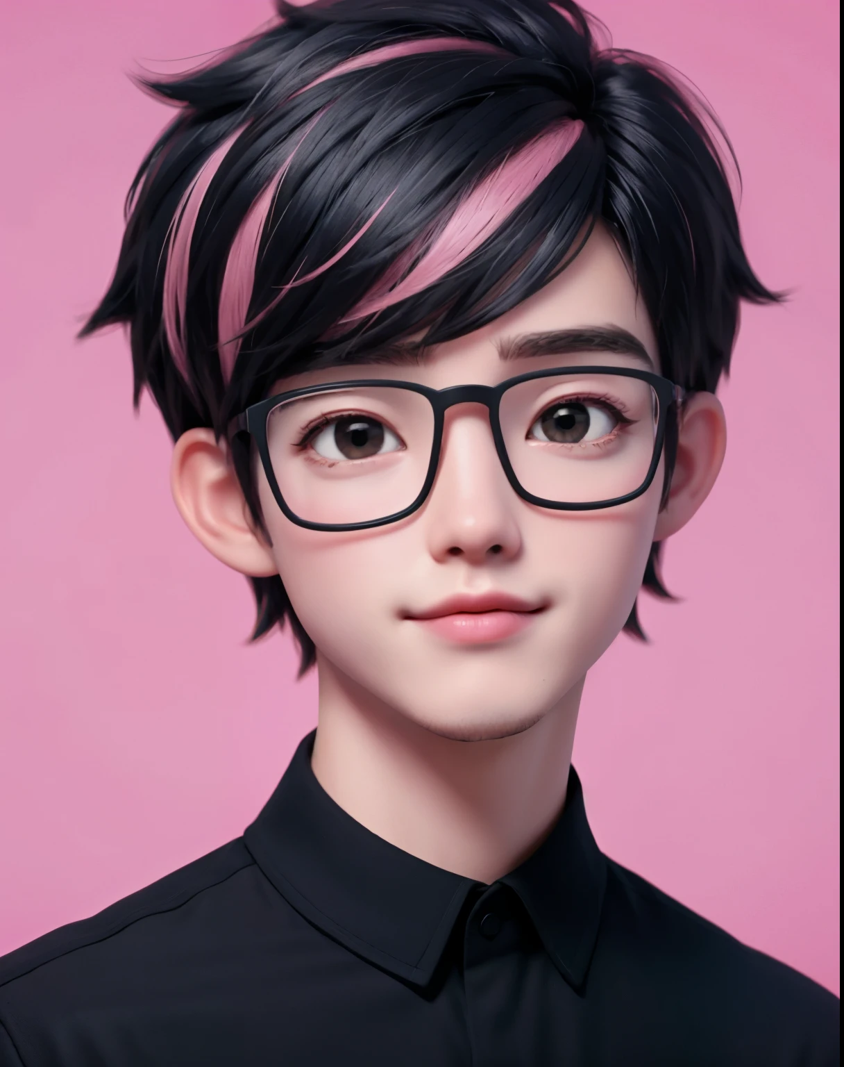 best quality, 1boy, solo, cartoon portrait , simple background, short hair, pink lips, black hair, black shirt, black glasses