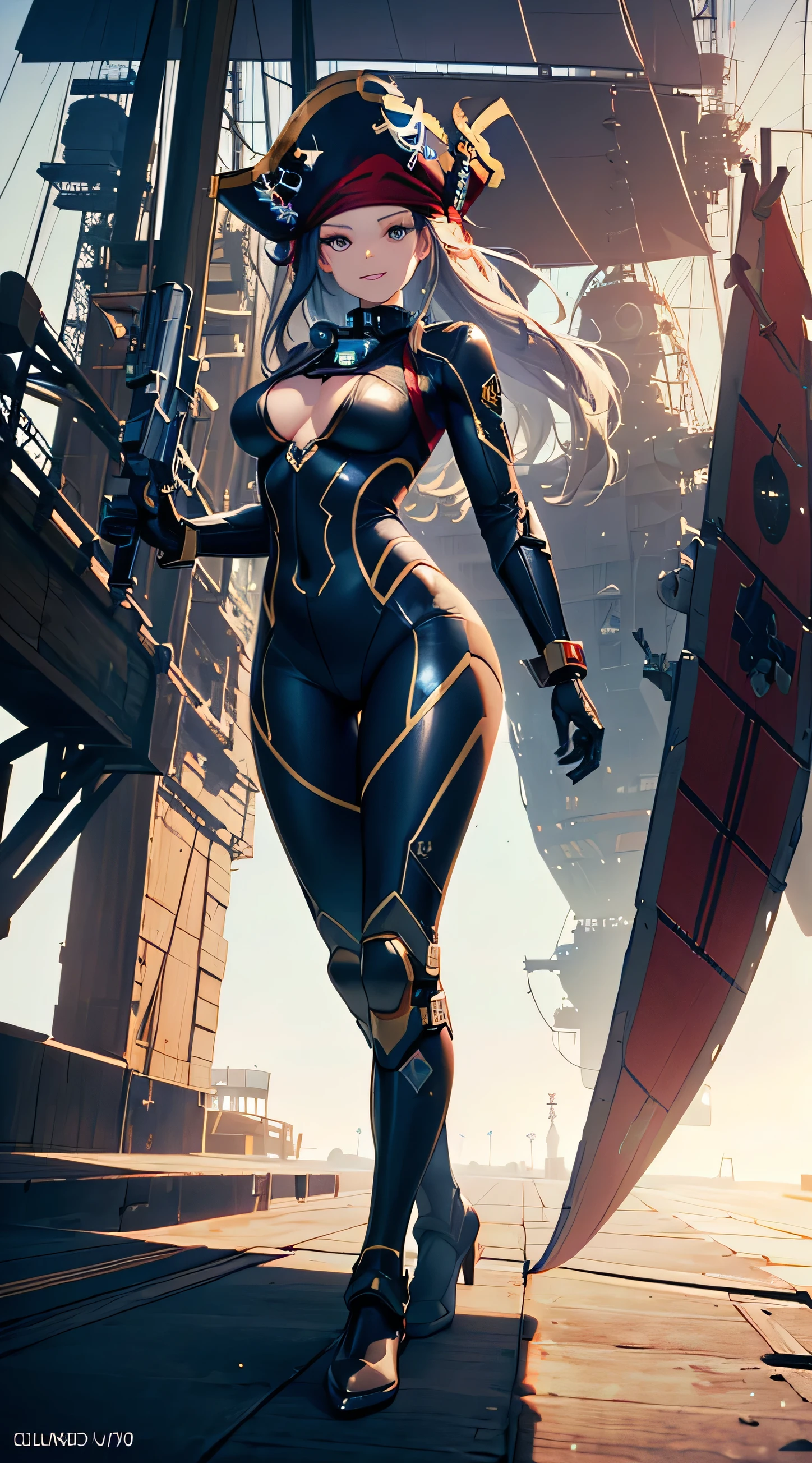 (masterpiece), (best quality), (super-detailed), (Ultra-high-definition, Sony a1 35 mm f/1.8 photographic full body shot of an ultra-finely-detailed, stunningly beautiful, futuristic female, space pirate), (she is wearing a pirate-themed mecha-suit) and (((brandishing a curved laser cutlass))) (((and a futuristic version of an 18th-century flintlock pistol))) ((her mecha-suit was black, gold, and silver)), (((it was very intricately designed, highly detailed armor))), with (((a jolly roger emblem emblazoned on the tricorn hat she wore))), (evil female buccaneer:1.2), (super-detailed, dazzling eyes and a smile with brilliantly white, perfect teeth))), ((evil smile)), (((fashion model looks and features))) and (((heavy pirate stylized boots on her feet))), (perfect body), ((natural beauty)), (((in dynamic  poses:1.3)), (((while holding her flintlock pistol and cutlass up and ready for use:1.51))), (((she is standing in the cargo bay of the ((pirate ship inspired spacecraft:1.4)), waiting to be boarded by the enemy))), epic anime digital artwork, (ray tracing), (rule of thirds), High Dynamic Range, UHD, 8k, 16k, textured skin, cinematic lighting, over-the-shoulder shot, wide lens, full body shot, (facing the viewer), sci-fi concept art, Unreal Engine 5, Unity Engine, Blender, octane render, corona render, golden hour, 