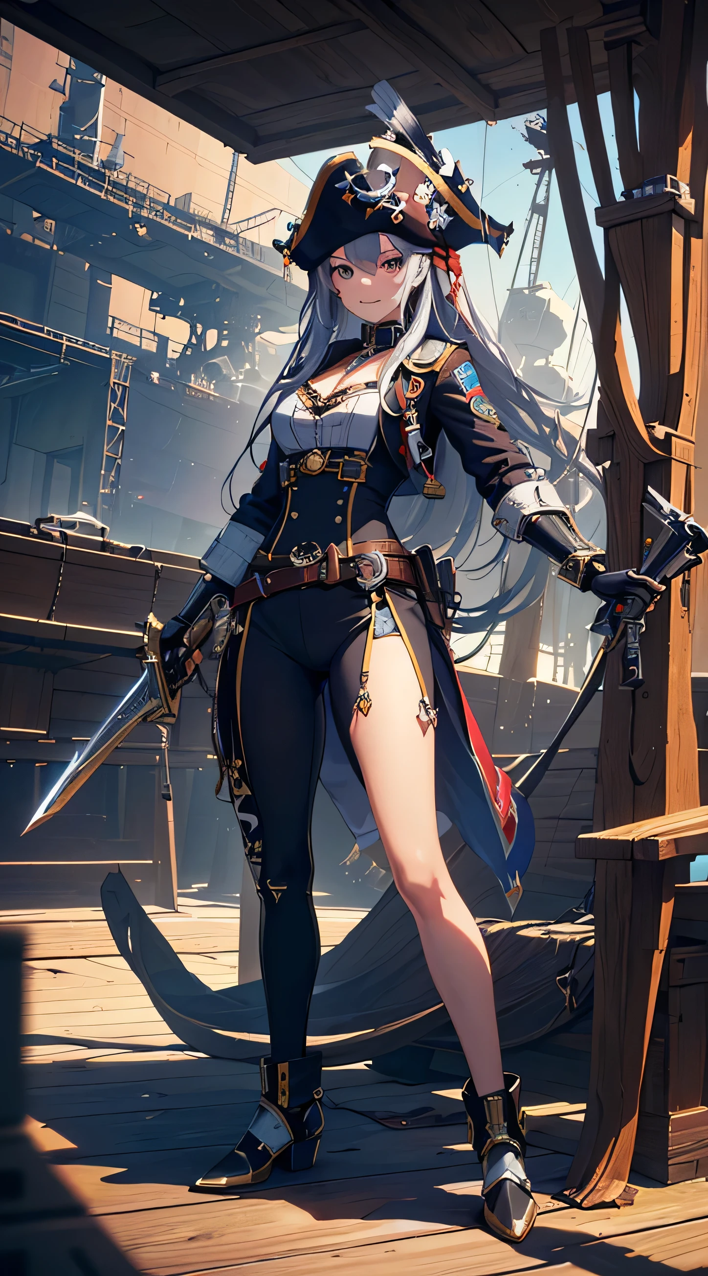 (masterpiece), (best quality), (super-detailed), (Ultra-high-definition, Sony a1 35 mm f/1.8 photographic full body shot of an ultra-finely-detailed, stunningly beautiful, futuristic female, space pirate), (she is wearing a pirate-themed mecha-suit) and (((brandishing a curved laser cutlass))) (((and a futuristic version of an 18th-century flintlock pistol))) ((her mecha-suit was black, gold, and silver)), (((it was very intricately designed, highly detailed armor))), with (((a jolly roger emblem emblazoned on the tricorn hat she wore))), (evil female buccaneer:1.2), (super-detailed, dazzling eyes and a smile with brilliantly white, perfect teeth))), ((evil smile)), (((fashion model looks and body))), ((( a thin waist, slender legs, and medium breasts))) and (((heavy pirate stylized boots on her feet))), (perfect body), ((natural beauty)), (((in dynamic  poses:1.3)), (((while holding her flintlock pistol and cutlass up and ready for use:1.51))), (((she is standing in the cargo bay of the ((pirate ship inspired spacecraft:1.4)), waiting to be boarded by the enemy))), epic anime digital artwork, (ray tracing), (rule of thirds), High Dynamic Range, UHD, 8k, 16k, textured skin, cinematic lighting, over-the-shoulder shot, wide lens, full body shot, (facing the viewer), sci-fi concept art, Unreal Engine 5, Unity Engine, Blender, octane render, corona render, golden hour, 