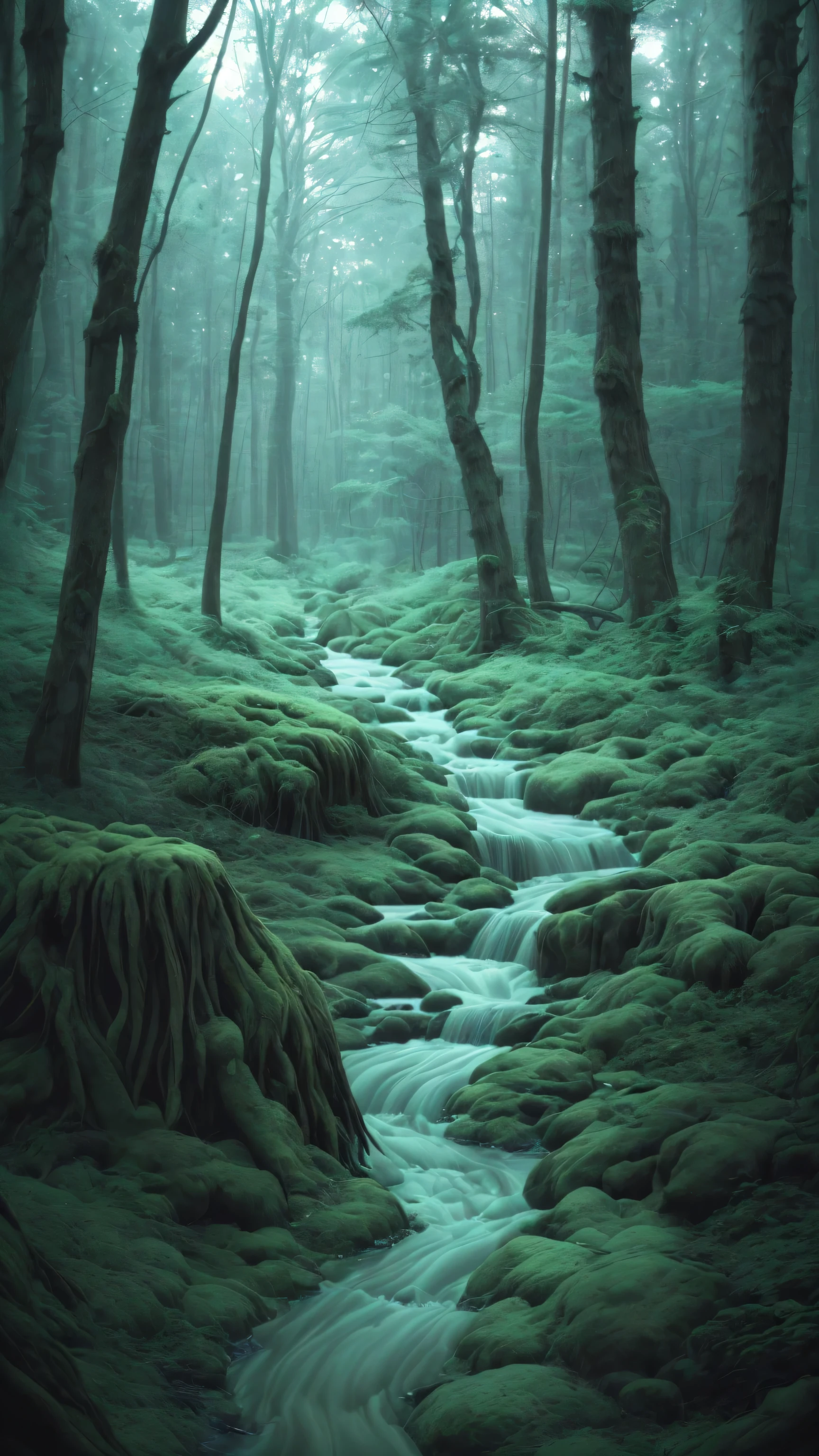 An ancient forest, With extreme delicacy、High-quality digital presentation, Up to 8K resolution. The work has attracted widespread attention on ArtStation due to its sharp focus, Rich lighting changes, and a very complex and detailed central composition. Inspired by artists like Lois van Baarle (Loish), Ilya Kuvshinov, and Studio Ghibli, The site’s style reflects a chibi kawaii aesthetic，Soft tones，Similar to watercolor.