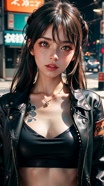 ((Best Quality)), ((Masterpiece)), perfect eyes:1.2, detailed eyes:1.4, ((freckles)), woman, hightech visor, high tech, hacker, irezumi, tattoo, techwear, headphones, messy hair, multicolored hair, green hair, black jacket, gradient hair, leather clothes, (machine gun), (High Definition:1.3), 3D, Beautiful (Cyberpunk:1.3), Colored hair, militar, black clothes looking at camera, hacker woman, sticking out, sexual, seduction, neo tokyo