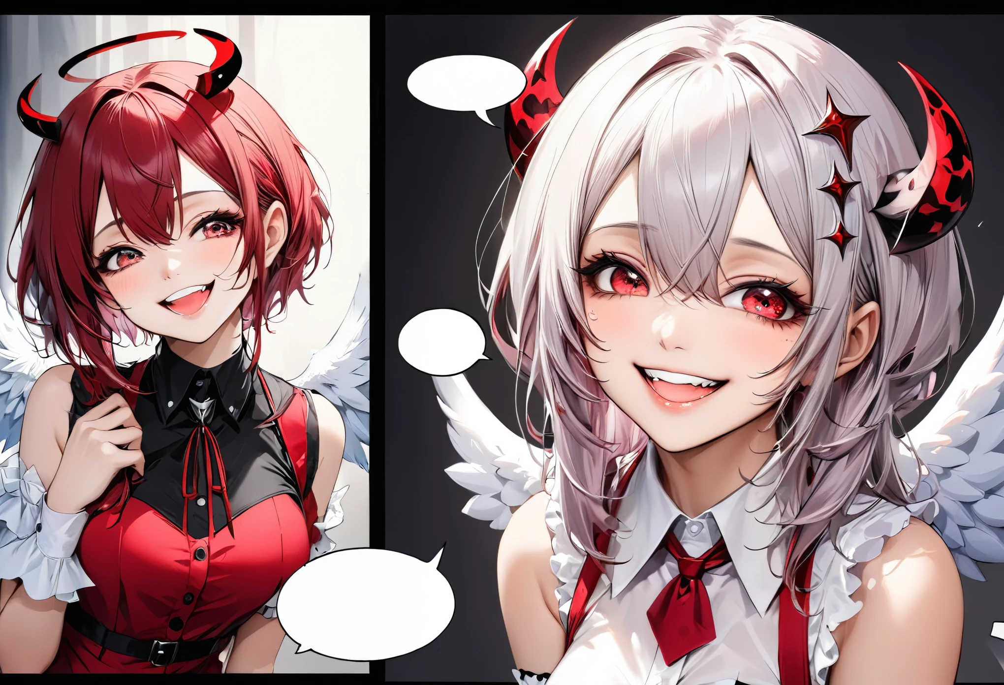 best quality, super fine, 16k, incredibly absurdres, extremely detailed, beautiful cute women, delusion, speech bubble, angel cosplay with a bright smile, and devil cosplay with a crazy and evil smile