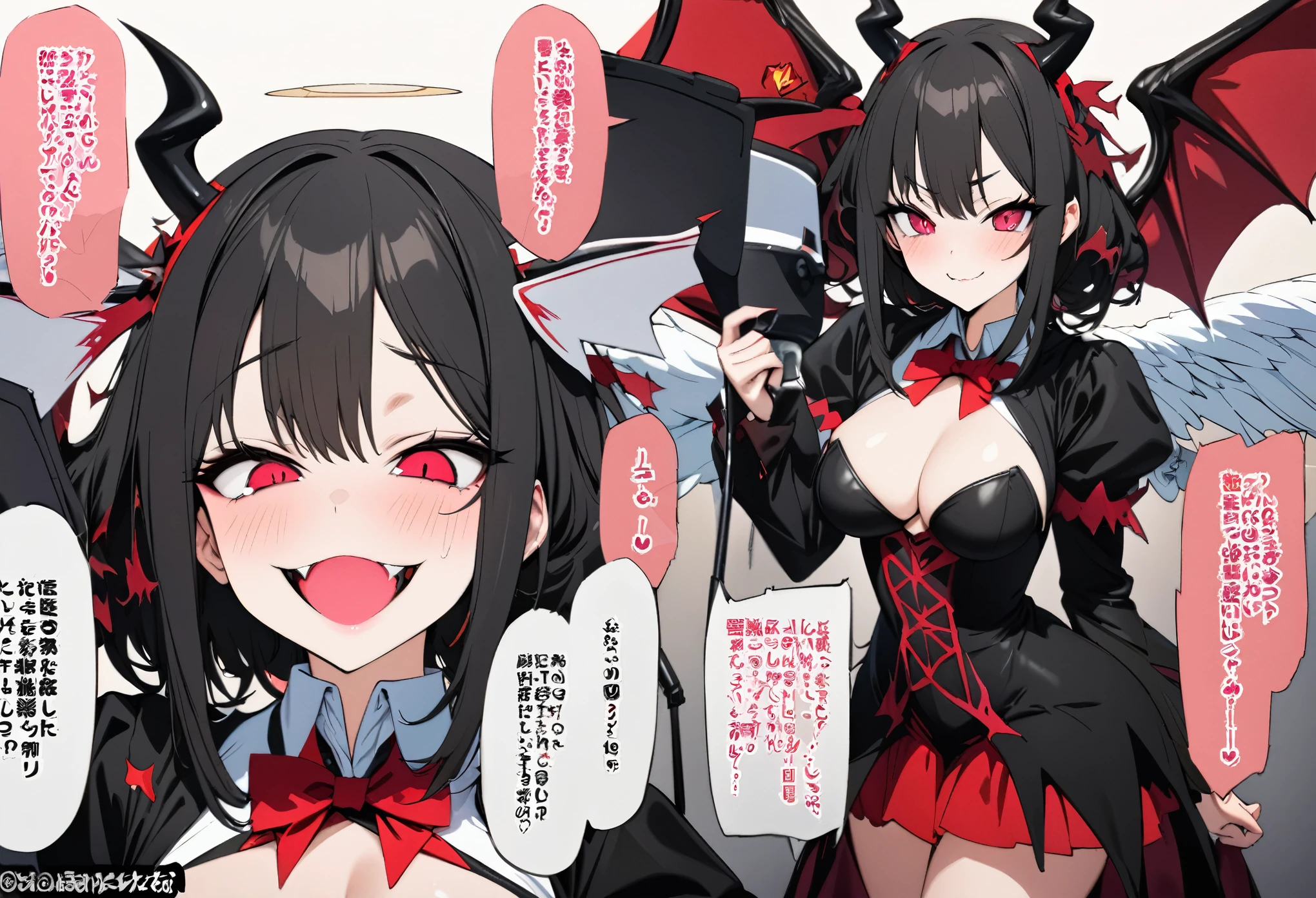best quality, super fine, 16k, incredibly absurdres, extremely detailed, beautiful cute women, delusion, speech bubble, angel cosplay with a bright smile, and devil cosplay with a crazy and evil smile