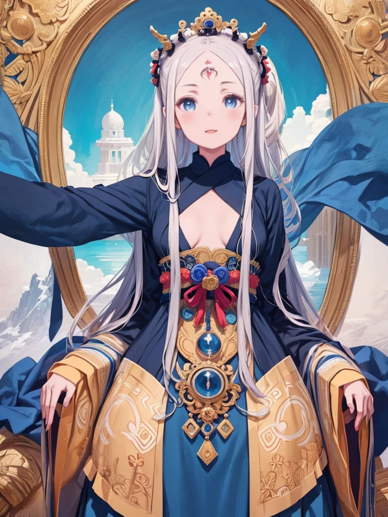 masterpiece、highest quality、High resolution、Very detailed、Medium wide shot、Girl、Fantasy、((multiple_eyes、Three Eyes、There are eyes on the forehead、Beautiful eyes))、Tibetan national costume、Snow Mountain、blue sky、laughing、