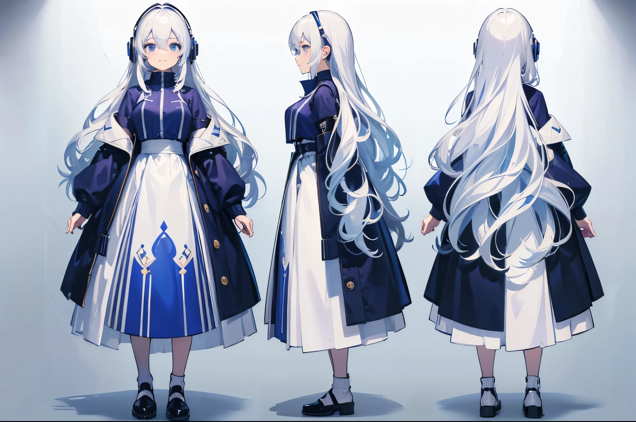 (masterpiece:1.2, best quality), 1woman, cute face, big eyes, round cubby cute face, smile, long legs, full body, adult mature female (long wavy white hair, (white-blue mullet 1.1)), (very long hair), blue eyes, (blue pupil,) gamer, light blue-purple sweater, headphone, girl style ((masterpiece)), (((best quality))), (character design sheet, same character full body, front, side, back), Illustration, hair color, bangs, hair fax, eyes, environment change, pose kota, female, game design character sheet for 2d game, full body, model sheet turnaround, full color, two thirds wiew, front::4 view and back view, high resolution, 8k, 4k, high quality