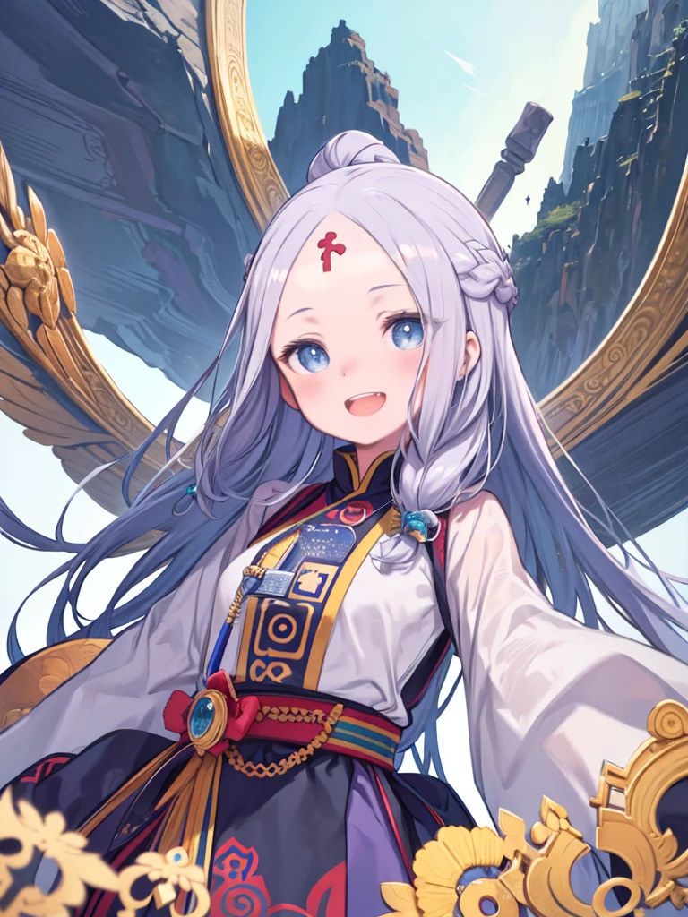 masterpiece、highest quality、High resolution、Very detailed、Medium wide shot、Girl、Fantasy、((multiple_eyes、Three Eyes、There are eyes on the forehead、Beautiful eyes))、Tibetan national costume、Snow Mountain、blue sky、laughing、