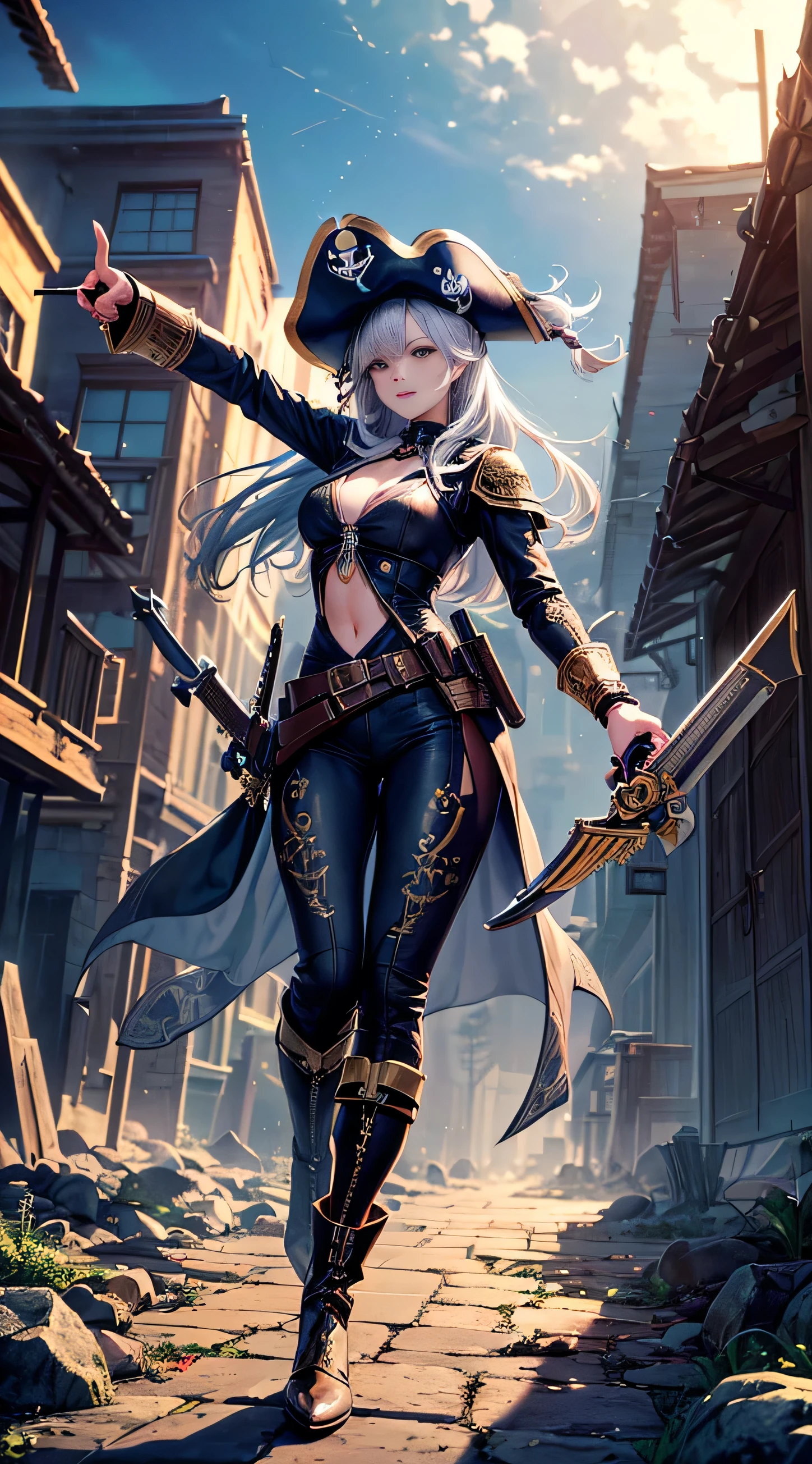 (masterpiece), (best quality), (super-detailed), (Ultra-high-definition, Sony a1 35 mm f/1.8 photographic full body shot of an ultra-finely-detailed, stunningly beautiful, futuristic female, space pirate), (((most beautiful face, exceptionally detailed face))), (she is wearing a pirate-themed mecha-suit) and (((brandishing a curved laser cutlass))) (((and a futuristic version of an 18th-century flintlock pistol))) ((her mecha-suit was black, gold, and silver)), (((it was very intricately designed, highly detailed armor))), with (((a jolly roger emblem emblazoned on the tricorn hat she wore))), (evil female buccaneer:1.2), (super-detailed, dazzling eyes and a smile with brilliantly white, perfect teeth))), ((evil smile)), (((fashion model looks and body))), (((a thin waist and hips, with amazing slender legs, and medium breasts))), and (((heavy pirate stylized boots on her feet))), (perfect body), ((natural beauty)), (((in dynamic poses:1.3)), (((while holding her flintlock pistol and cutlass up and ready for use:1.51))), (((she has both weapons drawn and is pointing her flintlock pistol at the edge of the viewer frame))), (((in various settings and dynamic poses))), ready to be attacked by the enemy))), epic anime digital artwork, (ray tracing), (rule of thirds), High Dynamic Range, UHD, 8k, 16k, textured skin, cinematic lighting, (low angle), wide lens, full body shot, (facing the viewer), sci-fi concept art, Unreal Engine 5, Unity Engine, Blender, octane render, corona render, golden hour,