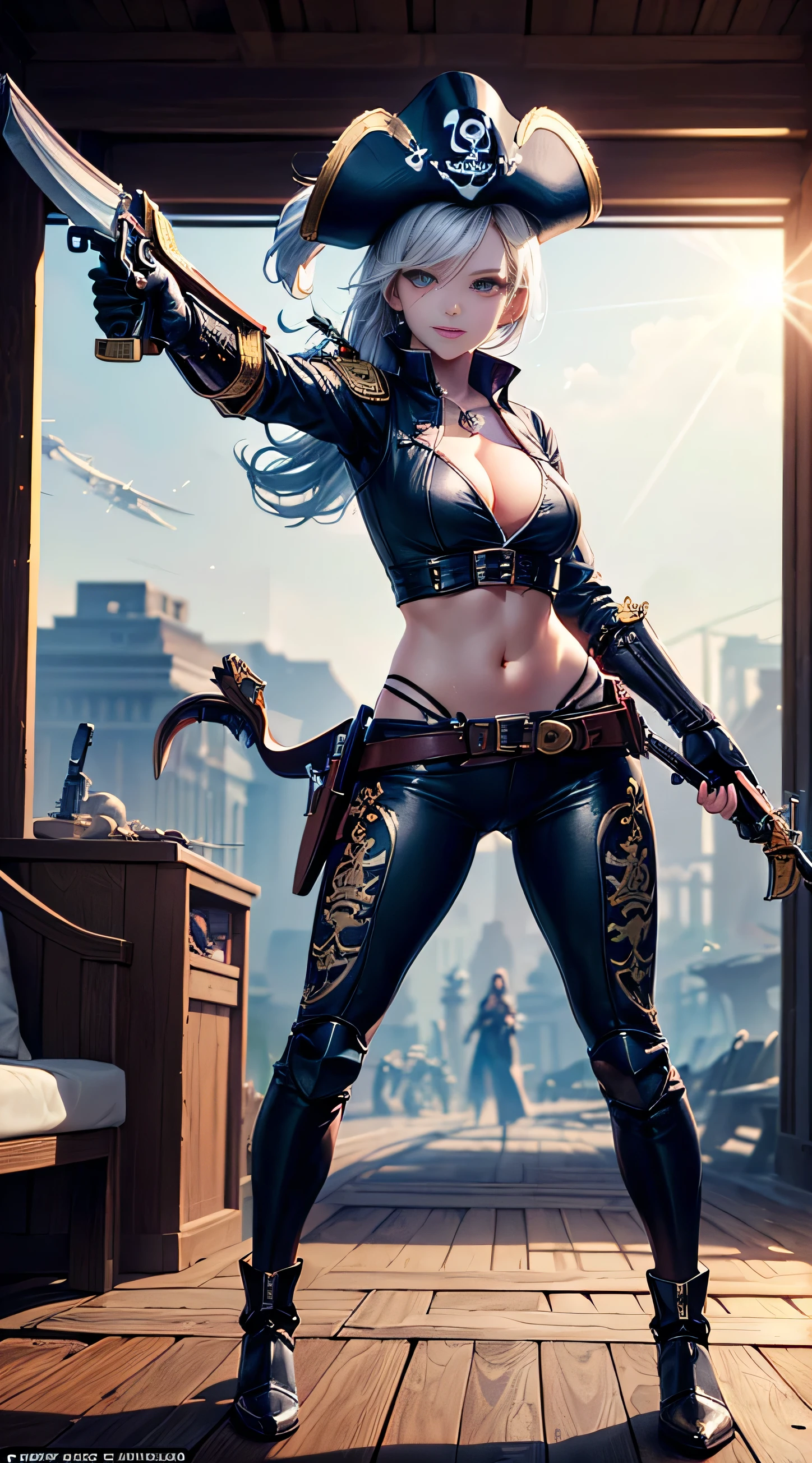 (masterpiece), (best quality), (super-detailed), (Ultra-high-definition, Sony a1 35 mm f/1.8 photographic full body shot of an ultra-finely-detailed, stunningly beautiful, futuristic female, space pirate), (((most beautiful face, exceptionally detailed face))), (she is wearing a pirate-themed mecha-suit) and (((brandishing a curved laser cutlass))) (((and a futuristic version of an 18th-century flintlock pistol))) ((her mecha-suit was black, gold, and silver)), (((it was very intricately designed, highly detailed armor))), with (((a jolly roger emblem emblazoned on the tricorn hat she wore))), (evil female buccaneer:1.2), (super-detailed, dazzling eyes and a smile with brilliantly white, perfect teeth))), ((evil smile)), (((fashion model looks and body))), (((a thin waist and hips, with amazing slender legs, and medium breasts))), and (((heavy pirate stylized boots on her feet))), (perfect body), ((natural beauty)), (((in dynamic poses:1.3)), (((while holding her flintlock pistol and cutlass up and ready for use:1.51))), (((she has both weapons drawn and is pointing her flintlock pistol at the edge of the viewer frame))), (((in various settings and dynamic poses))), ready to be attacked by the enemy))), epic anime digital artwork, (ray tracing), (rule of thirds), High Dynamic Range, UHD, 8k, 16k, textured skin, cinematic lighting, (low angle), wide lens, full body shot, (facing the viewer), sci-fi concept art, Unreal Engine 5, Unity Engine, Blender, octane render, corona render, golden hour,