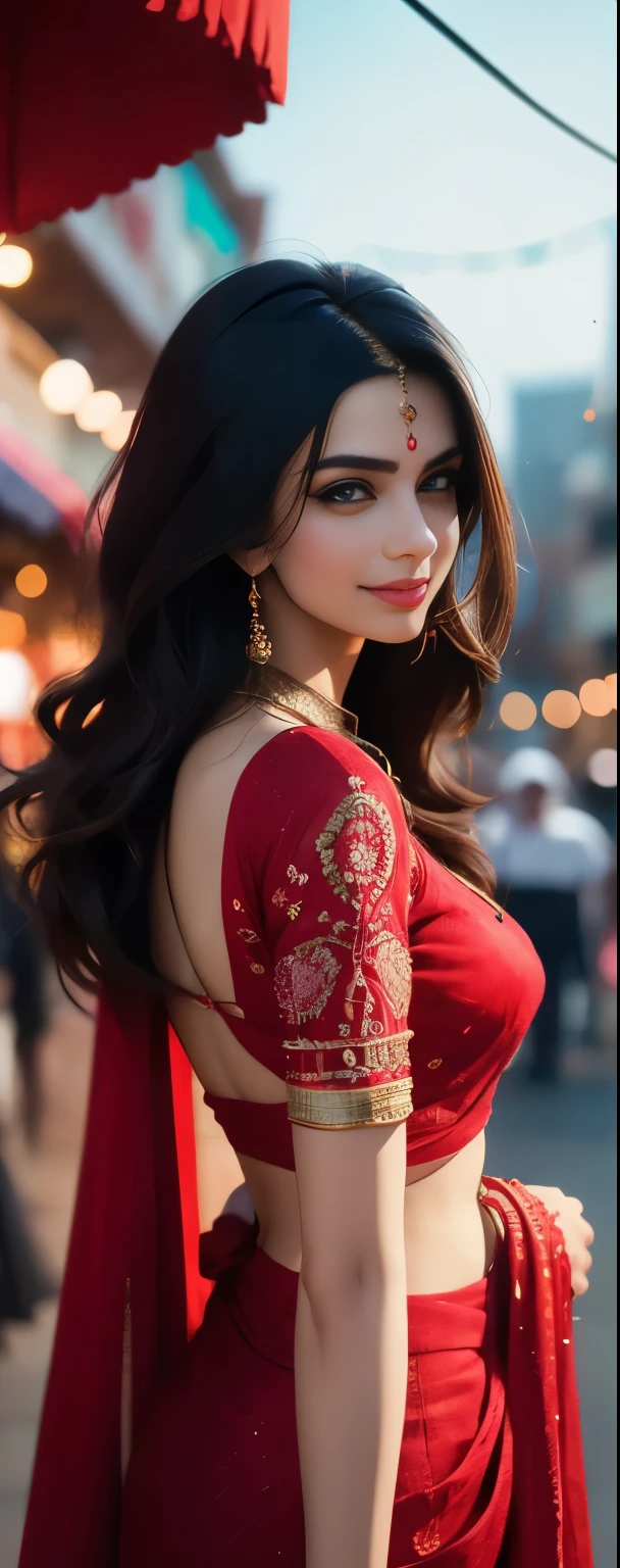 In the bustling streets of a vibrant Indian city, amidst the kaleidoscope of colors and scents, a woman (((Anne Hathaway: Selena Gomez:0.6))) clad in a vibrant red saree and a black blouse becomes an ethereal sight that captivates all who lay eyes upon her. (( huge smiling 0.3)) Her undeniable beauty transcends time and space, leaving onlookers spellbound.

Describe the scene as the woman, with her graceful presence, glides through a crowded marketplace, where merchants and shoppers pause to admire her radiance. The atmosphere is alive with whispers as her mesmerizing allure evokes a sense of awe and admiration.

Embark on a journey to reveal the woman’s story—her name, her background, her passions—and the reasons behind her choice of attire. Explore her persona, intertwining elements of mystery and allure, as people speculate on the secrets hiding behind her enchanting gaze.

Incorporate the sights, sounds, and emotions that surround this extraordinary woman, as she navigates through the city’s vibrant tapestry. Whether it be the scent of freshly ground spices, the distant sound of temple bells, or the intricate henna designs adorning her hands, immerse the reader in the sensory experience of this captivating moment.

As the story unfolds, her path intertwines with that of a curious photographer who becomes determined to capture her undeniable beauty in a single photograph. Describe their encounters, the photographer’s attempts to understand her story, and the profound impact this woman’s presence has on his own life.(Blur Background:1.6), (Blue Hue:0.8), (Auto focus:1.4)