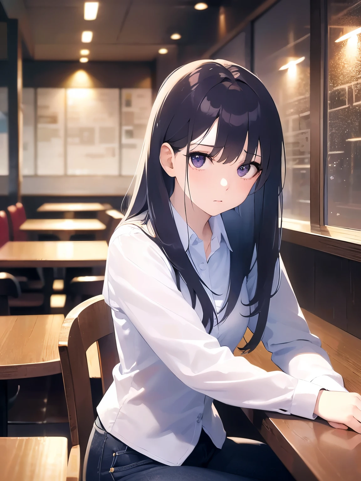 Upper Body, Realistic, real person, (pale skin: 1.2), RAW photo, photorealistic, portrait photography, shiny skin, shiny hair、(A 25-year-old woman with straight hair and bangs) and (medium hair) and (black hair) and (purple eyes) , (white collared shirt:1.5) and (long sleeve)、(sad:1.2), tears, The background is the interior of a restaurant at night.、Alone、Sitting